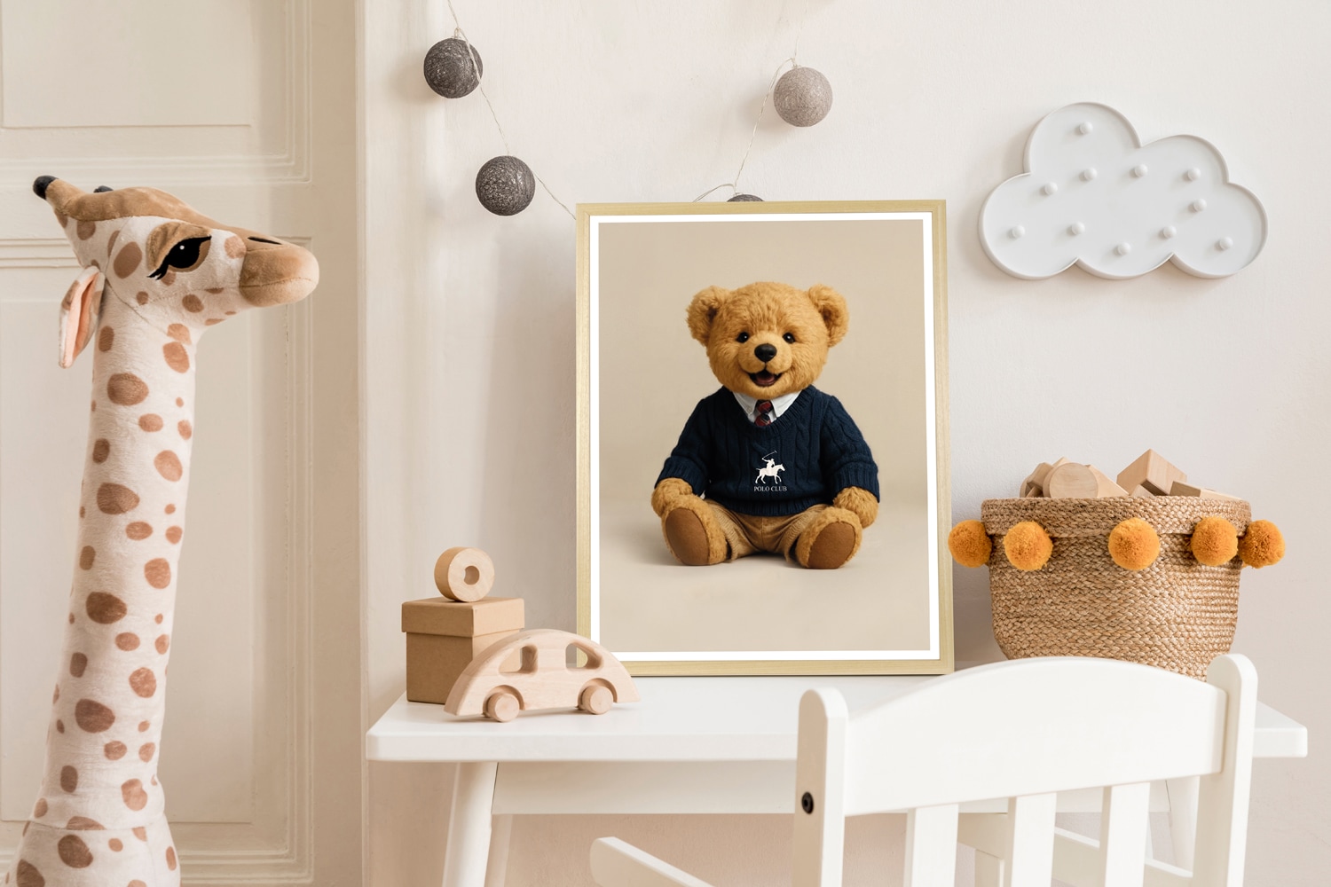 queence Bild mit Rahmen »Vintage Polo Teddy Bär mit Krawatte« Bär | Bären | Fashion | Figuren | Mode | Modebilder HD Premium Poster-Druck inkl. Echtholzrahmen in beige