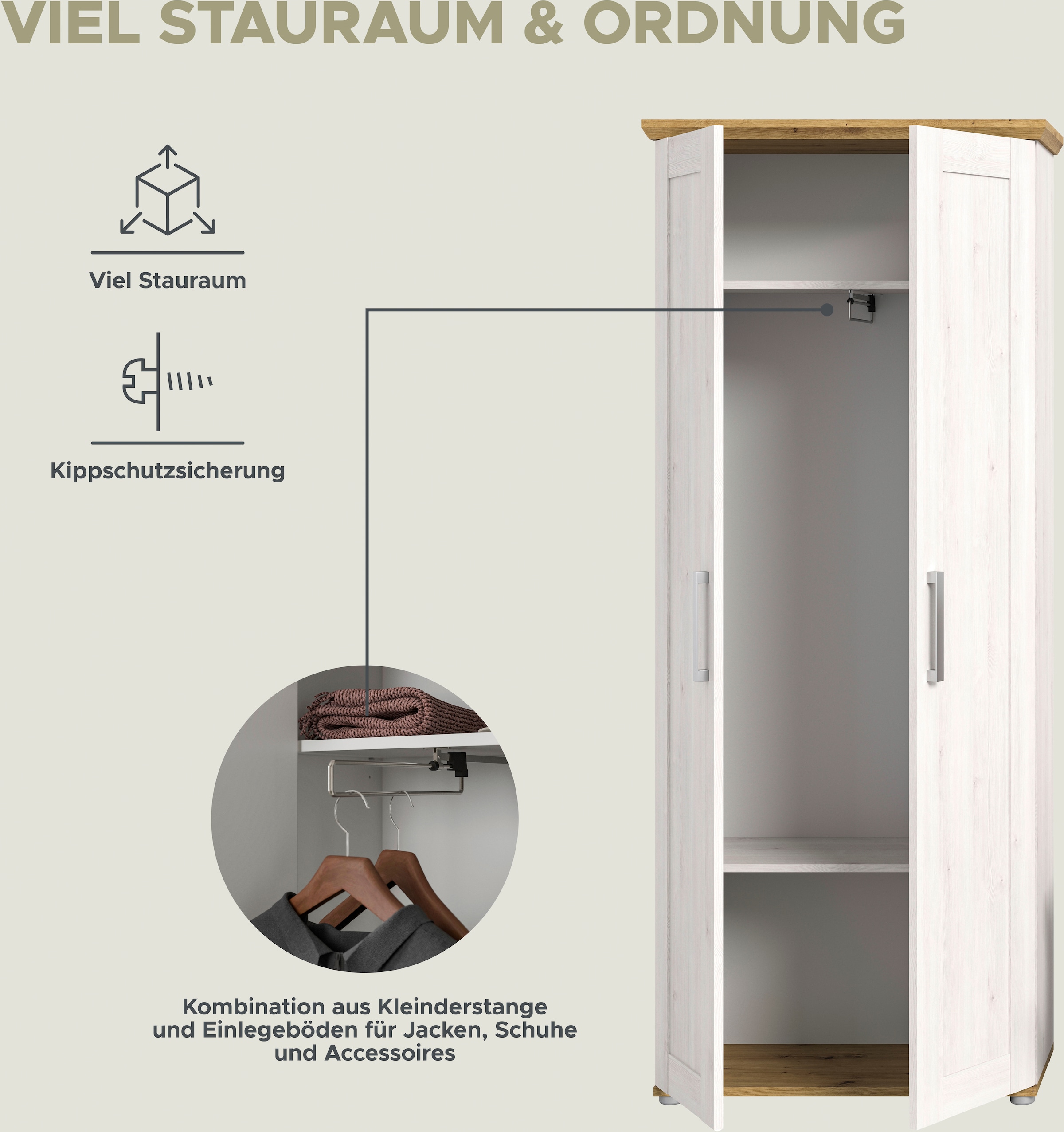 Home affaire Garderobenschrank »COSENZA, TOPSELLER!, Höhe 196 cm, 2 Türen, 2 Böden, 1 Kleiderstange«, Hochschrank, Stauraumschrank, Schrank, Flurschrank, Dielenschrank