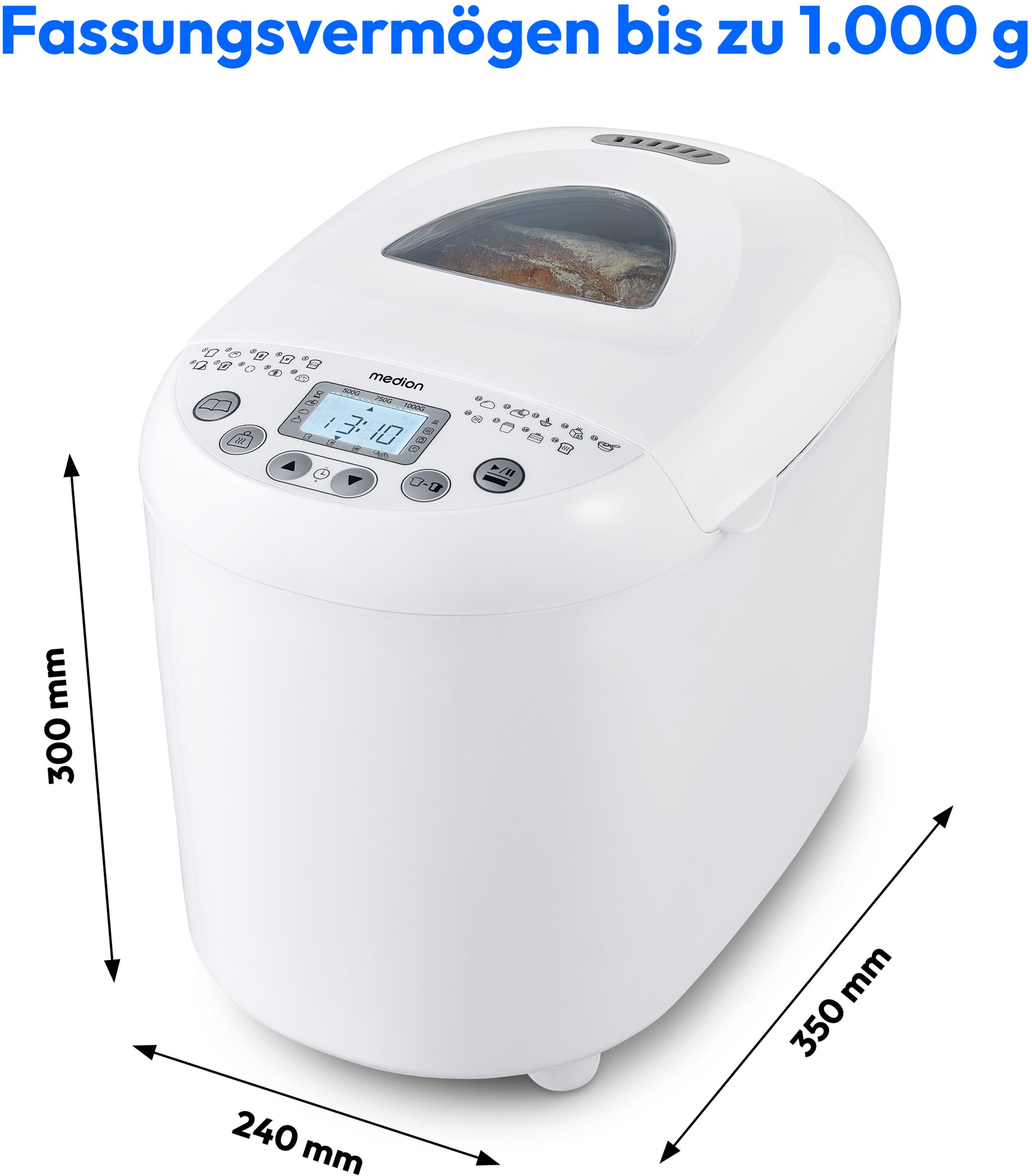 Medion® Brotbackautomat »MD 11011, 19 Backprogramme, 3 Bräunungssufen, Startzeitvorwahl«, 19 Programme, Bis zu 1000g Fassungsvermögen, Warmhaltefunktion