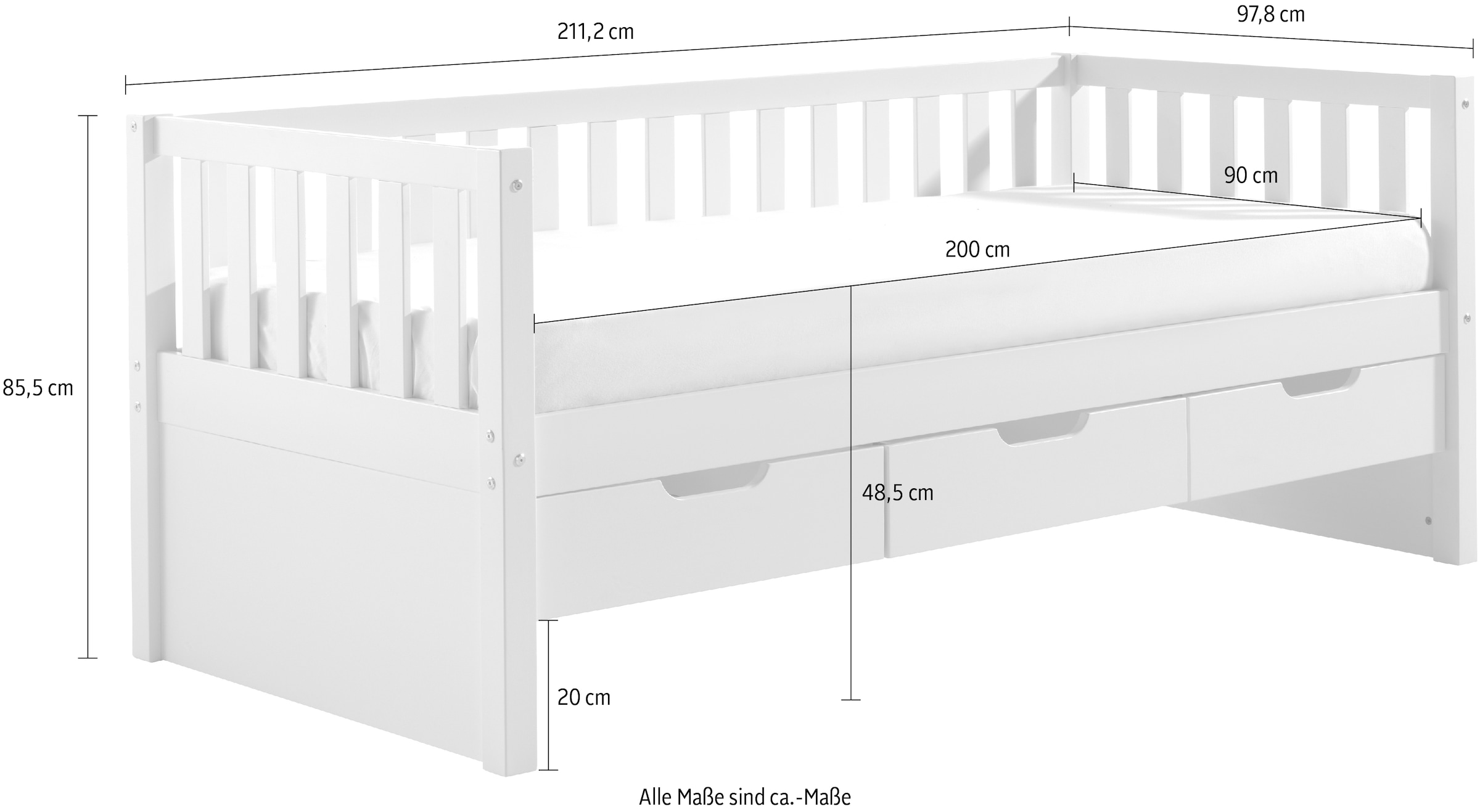 Vipack Einzelbett, (Made in Europe), Sprossenumrandung, Liegefläche 90x200 cm, in Milky Pine oder Weiß