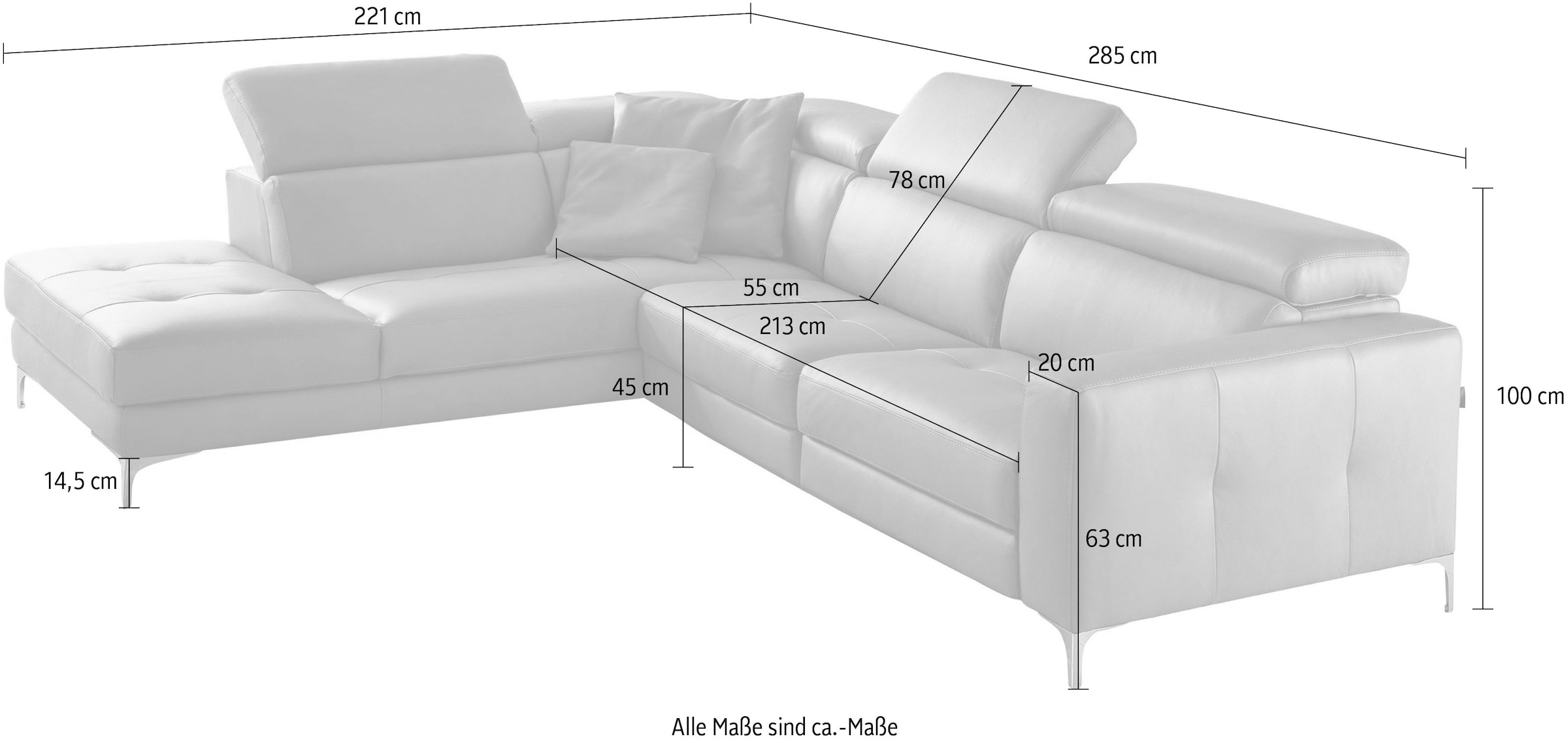 Egoitaliano Ecksofa »Matt, hoher Sitzkomfort und aufwendige Detailverarbeitung, L-Form« mit Ottomane, inkl. verstellbarer Kopfteile zum Relaxen