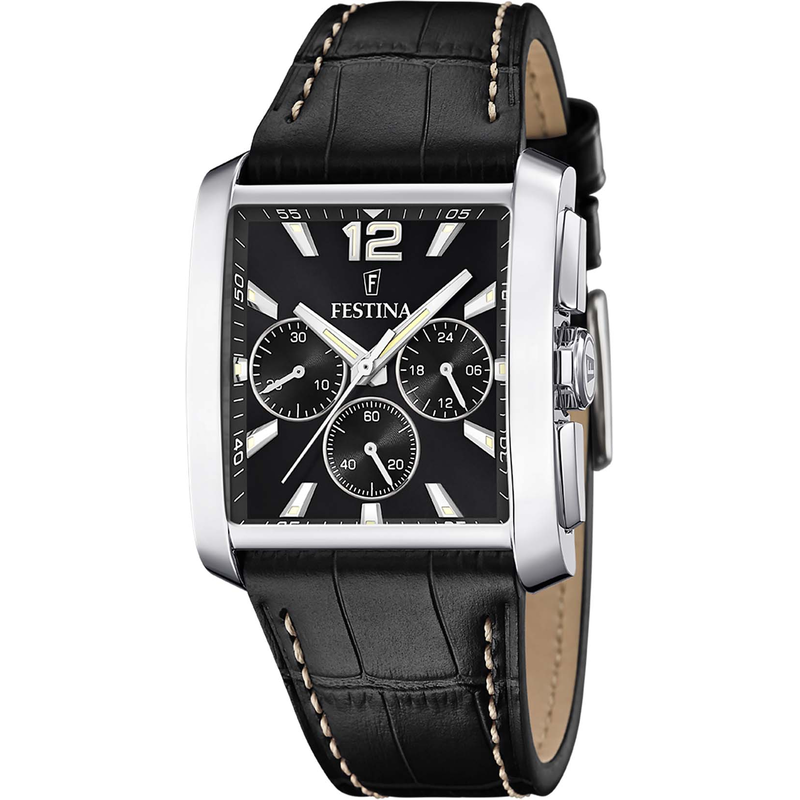 FESTINA Chronograph Armbanduhr, Quarzuhr, Herrenuhr, Stoppfunktion, Lederarmband schwarz-schwarz Geschmackvoller Herrenchronograph