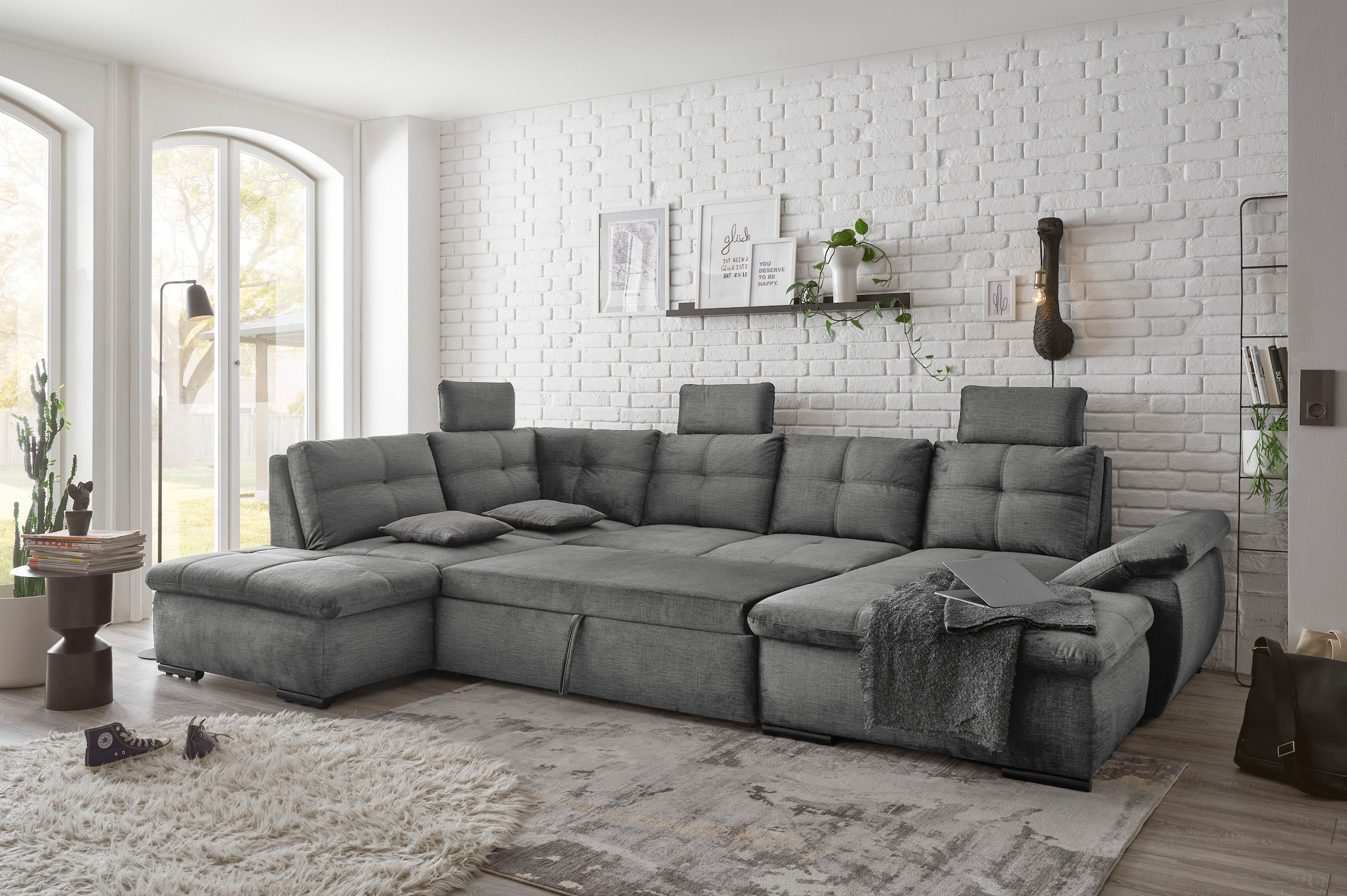 ED EXCITING DESIGN Wohnlandschaft »Alija U-Form«, mit Bettfunktion, Bettkasten, Armteilverstellung & Kopfstützen