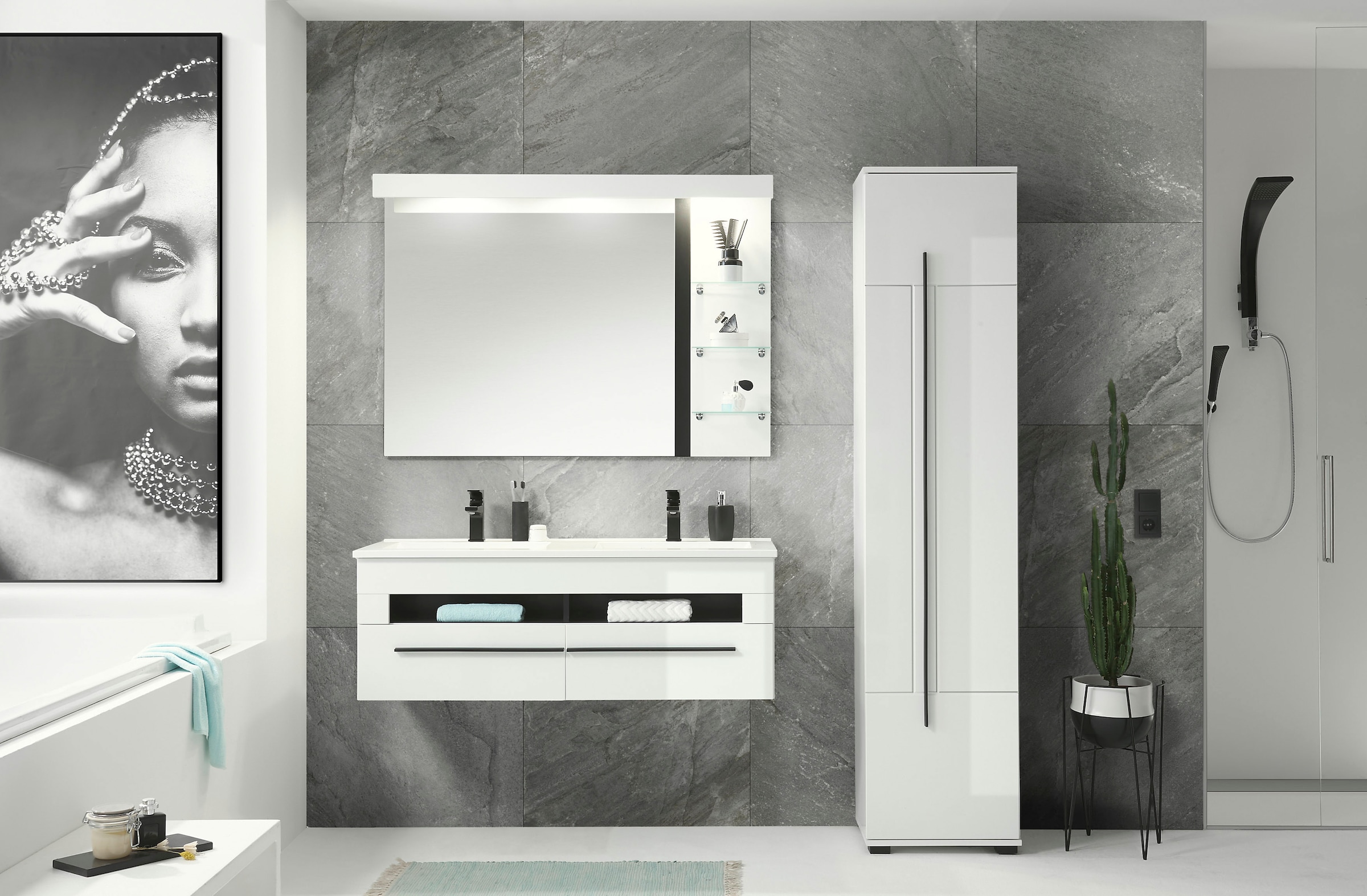 INOSIGN Hochschrank »Cantara, Badschrank in Hochglanz Weiß, Hochschrank im modernen Design«, mit schwarzen Griffen, ausreichend Stauraum