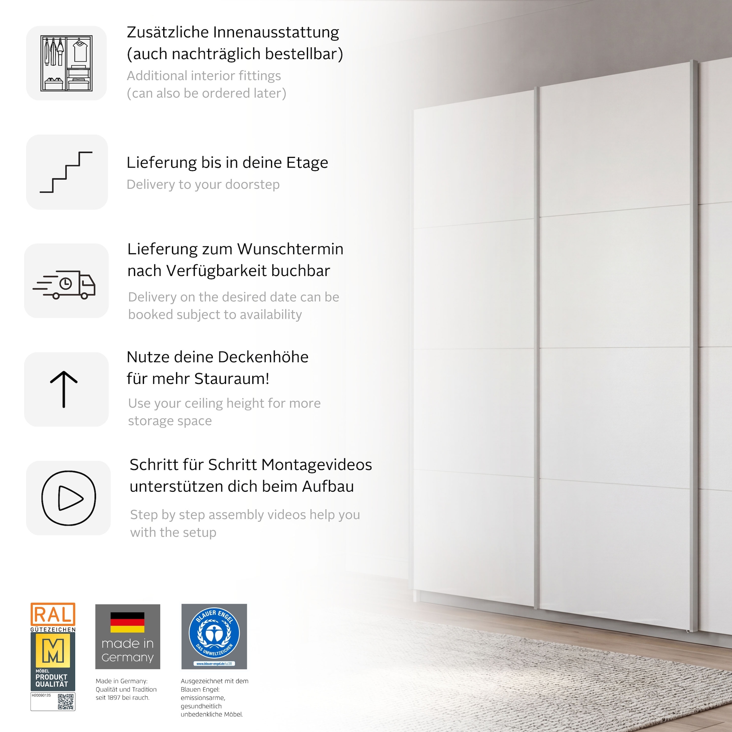 rauch Schwebetürenschrank »Kleiderschrank Schrank Garderobe KOLUNA Hochglanz-Front und Spiegel« 3 Ausstattungen BASIC/CLASSIC/PREMIUM (inkl. SOFT-CLOSE-FUNKTION),  Breiten 203/271/315/360 cm Höhen 210/229 cm MADE IN GERMANY