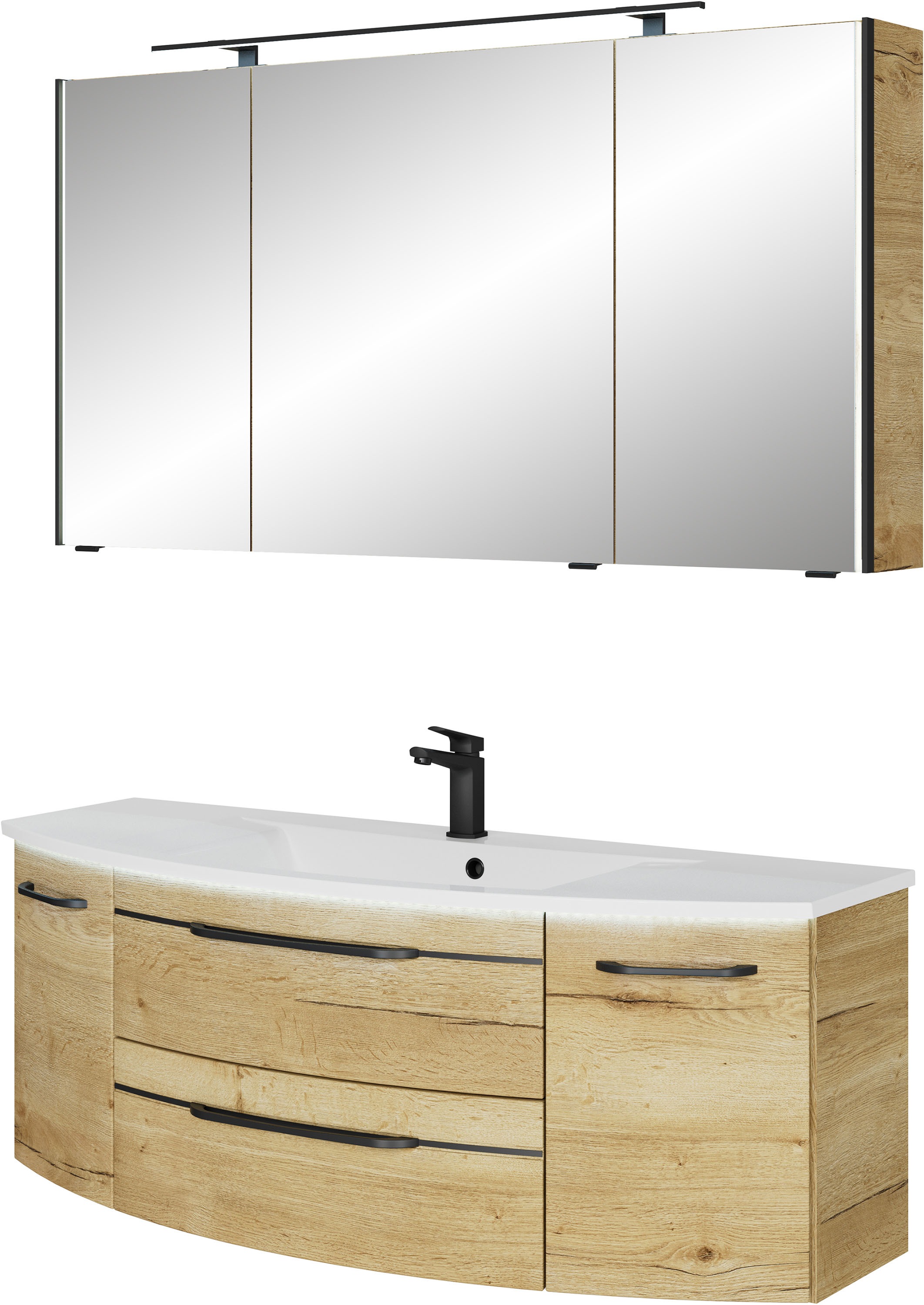 Saphir Badmöbel-Set »Serie 7045 2-teilig Mineralmarmor-Waschtisch mit LED-Spiegelschrank«, (Set, 2 St.), Badezimmer-Set 133,2 cm breit, inkl. Türdämpfer, 5 Türen, 2 Schubladen