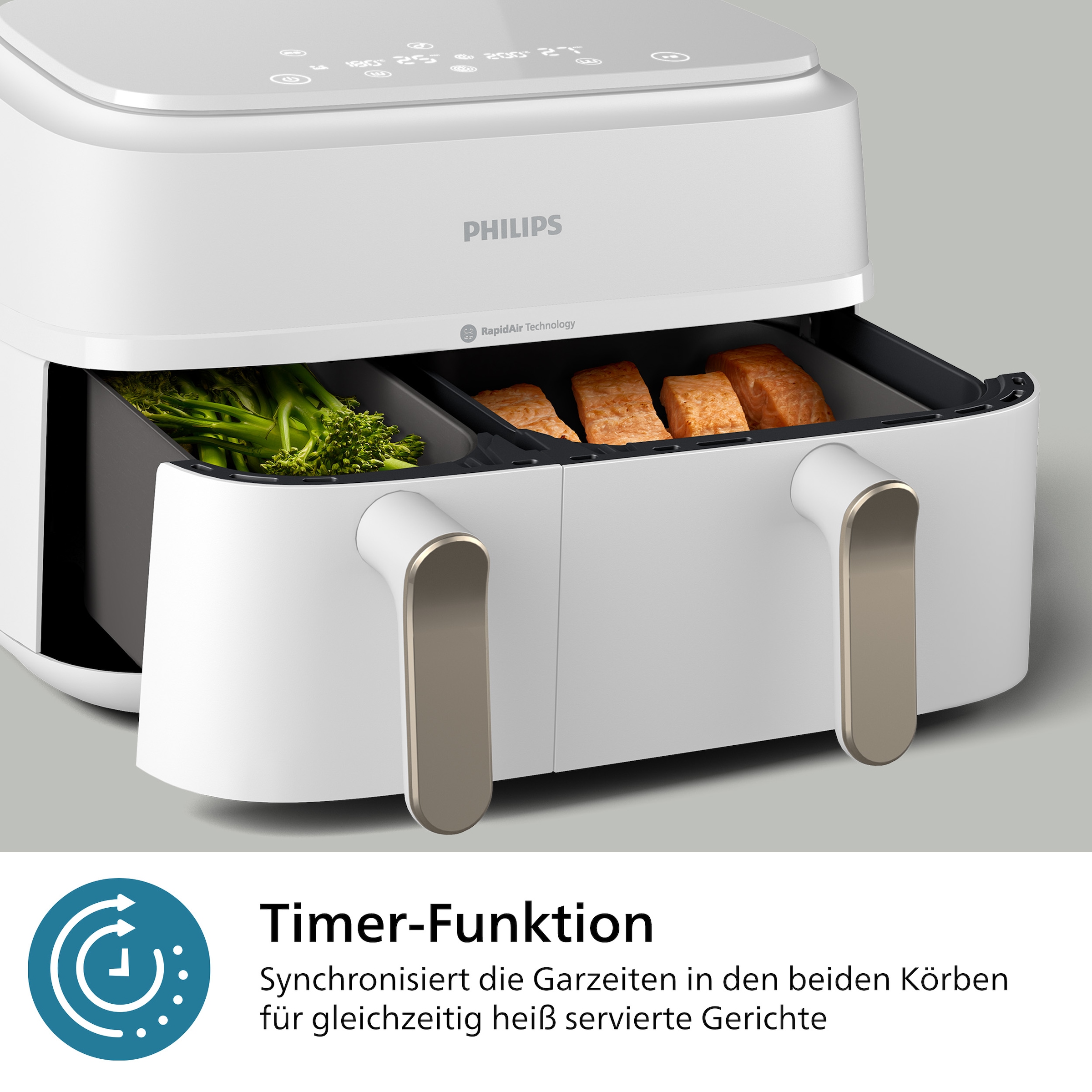 Philips Heißluftfritteuse »Airfryer 3000 Dual Basket NA353/10, zwei Körbe mit 9L (3L+6L)«, 2750 W, RapidAir Technologie und 12 Kochfunktionen; Weiß/Champagner