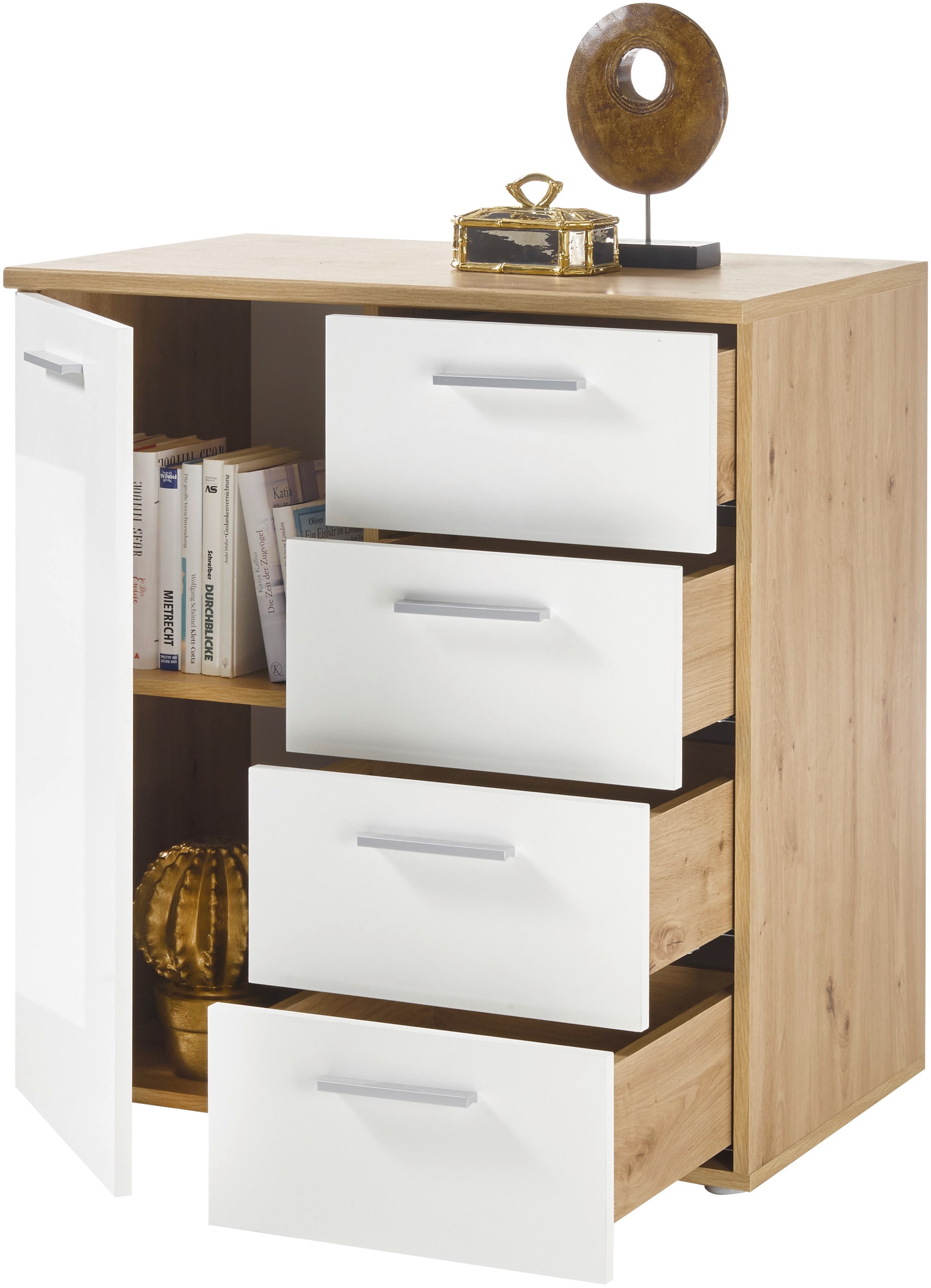 HBZ Kommode »Pablo weiß Glanz, BxHxT 80x84x50 cm«, Kommode mit 1 Tür, 4 Schubkästen, 1 Einlegeboden verstellbar