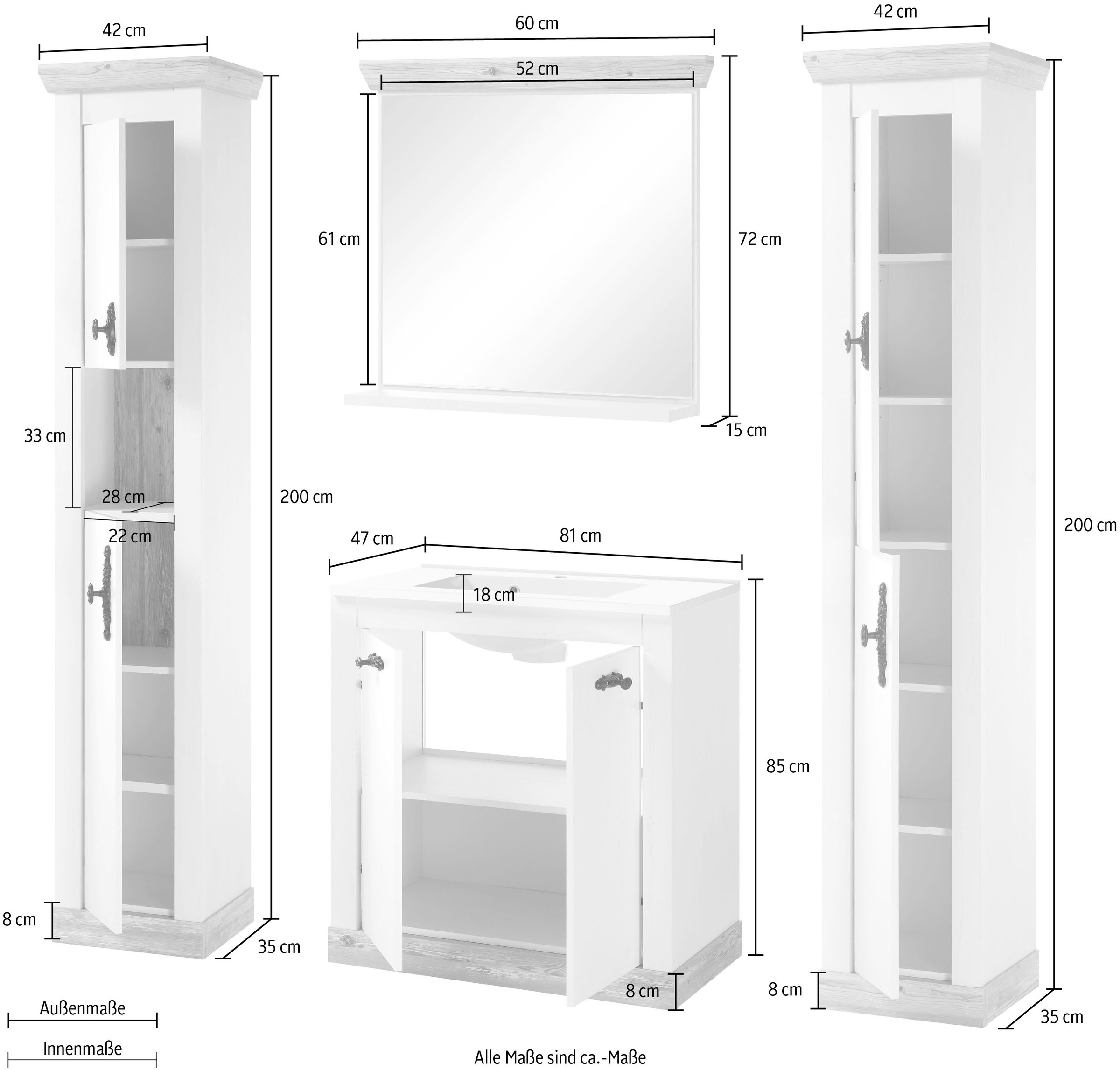 Home affaire Badmöbel-Set »Florenz, Bad im Landhausstil, 4-teiliges Badezimmer«, (4 St.), Waschtisch, Schränke und Spiegel mit Ablage, in Pinie Weiß, Stauraum