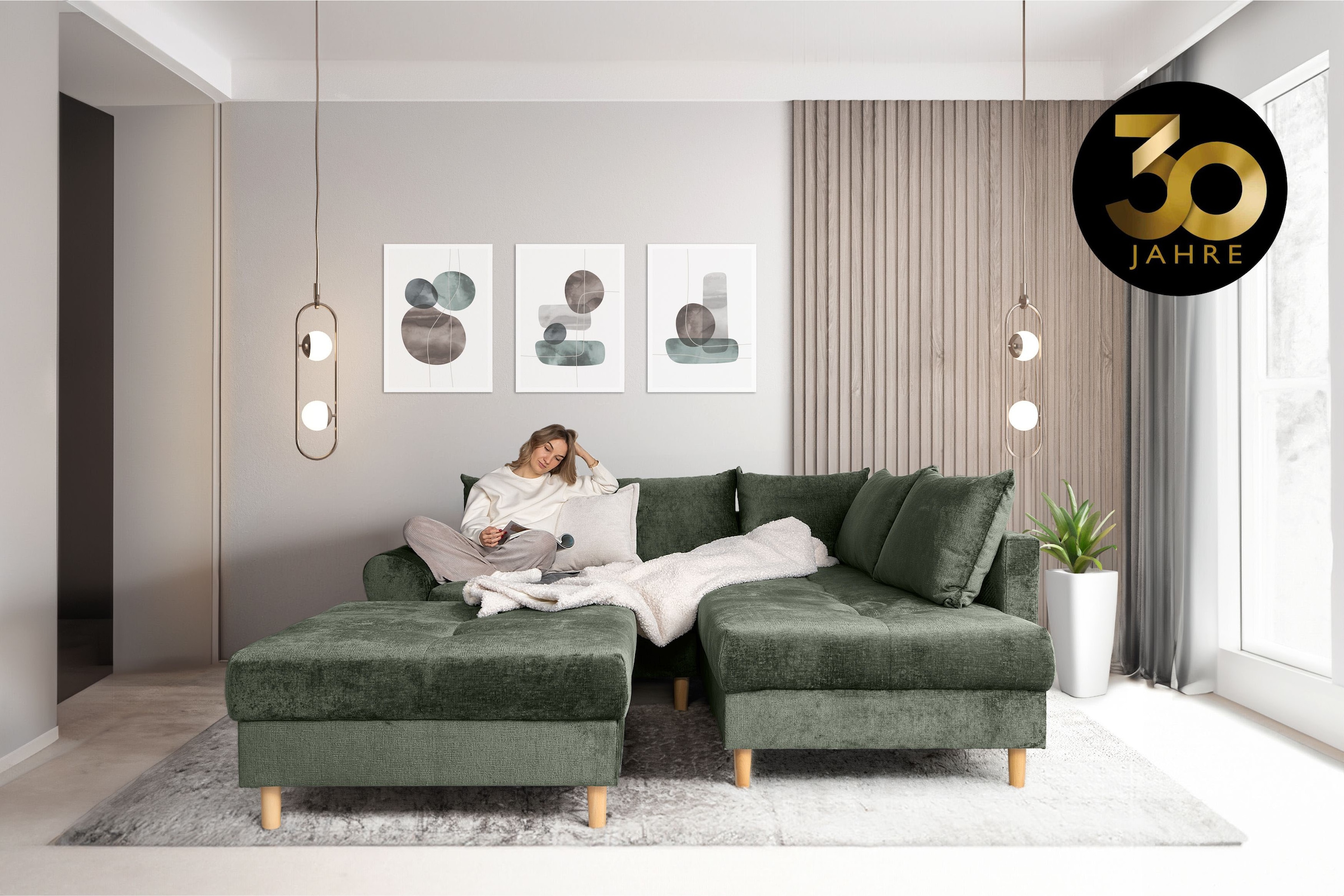 COLLECTION AB Ecksofa »Reims L-Form«, Ottomane beidseitig montierbar, inkl. Bettfunktion und Hocker