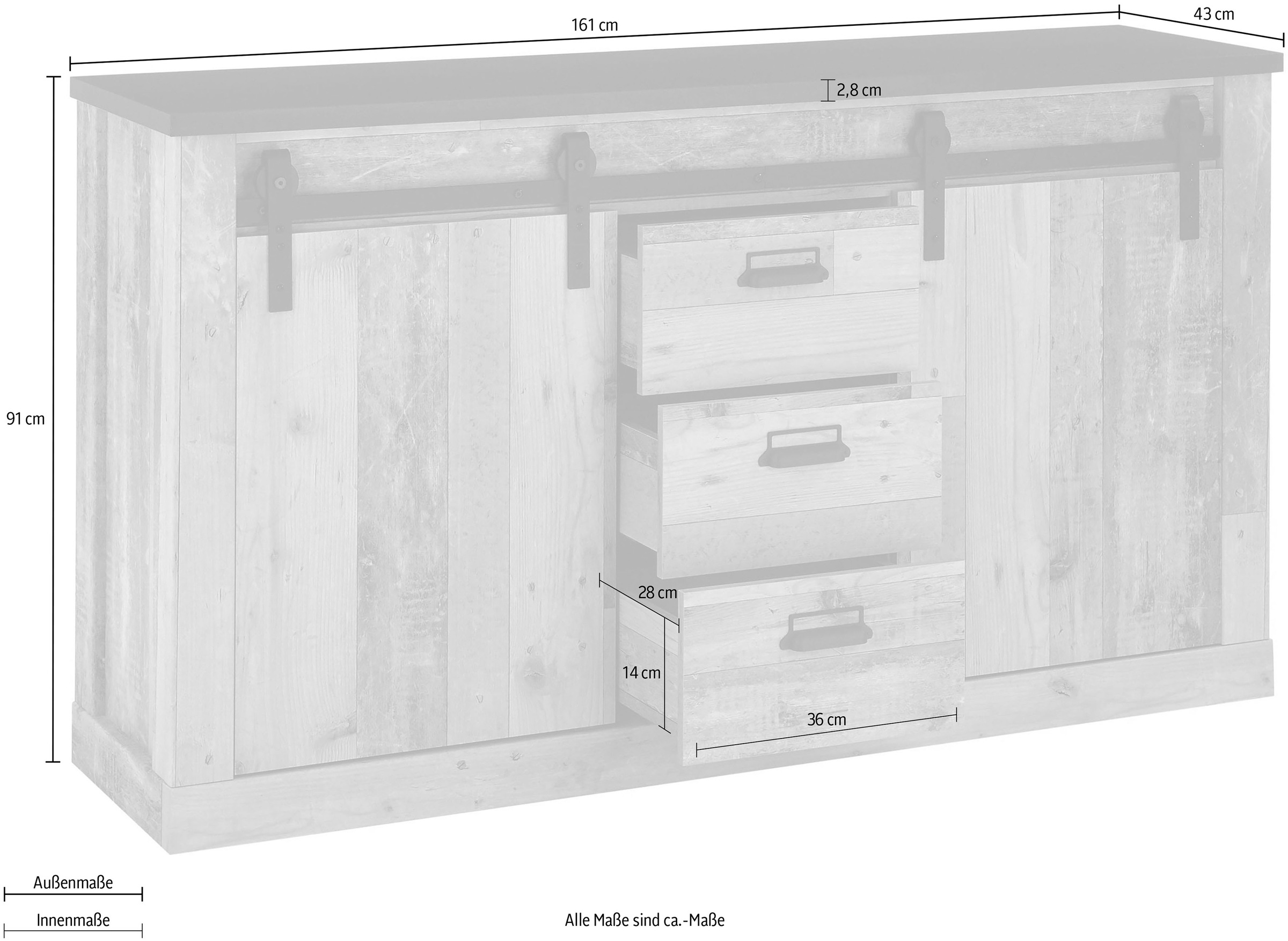 Home affaire Sideboard »SHERWOOD«, Holz Dekor, mit Scheunentorbeschlag und  Apothekergriffen, Breite 161cm auf Raten bestellen