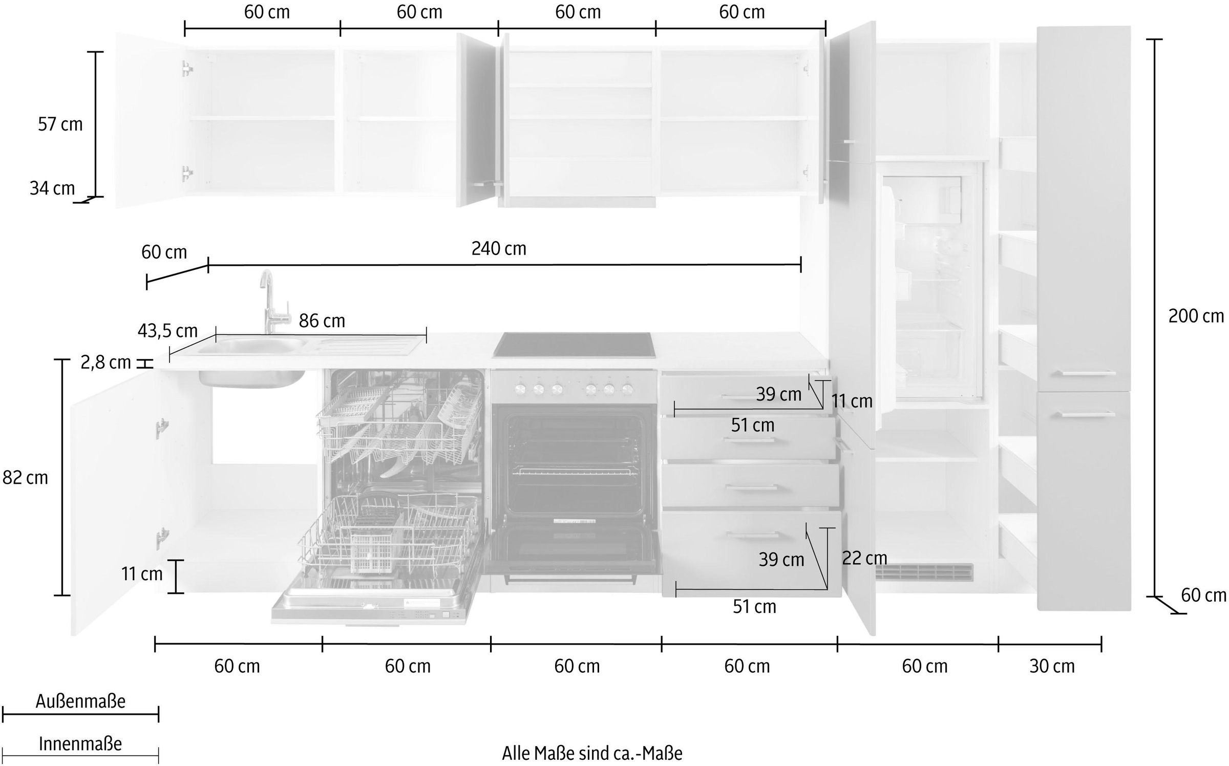 KOCHSTATION Küchenzeile »KS-Visby«, mit E-Geräten, Breite 330 cm inkl. Kühlschrank und Geschirrspüler