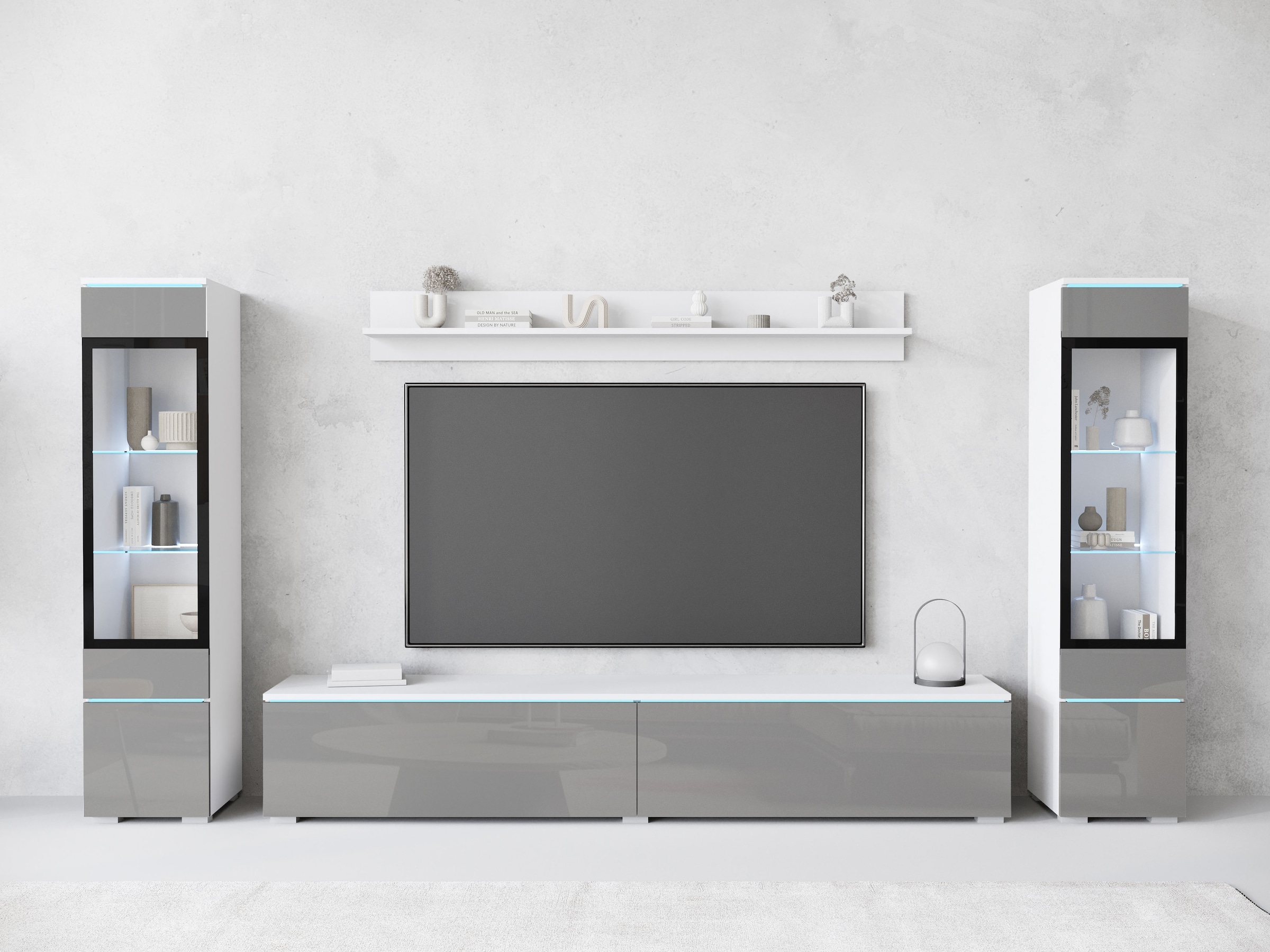 INOSIGN Wohnwand »VERA II, Vitrinen Türanschlag wechselbar«, (Komplett-Set, 4 St.), Vitrine mit Verglasung, stehend und hängend, inklusive Beleuchtung