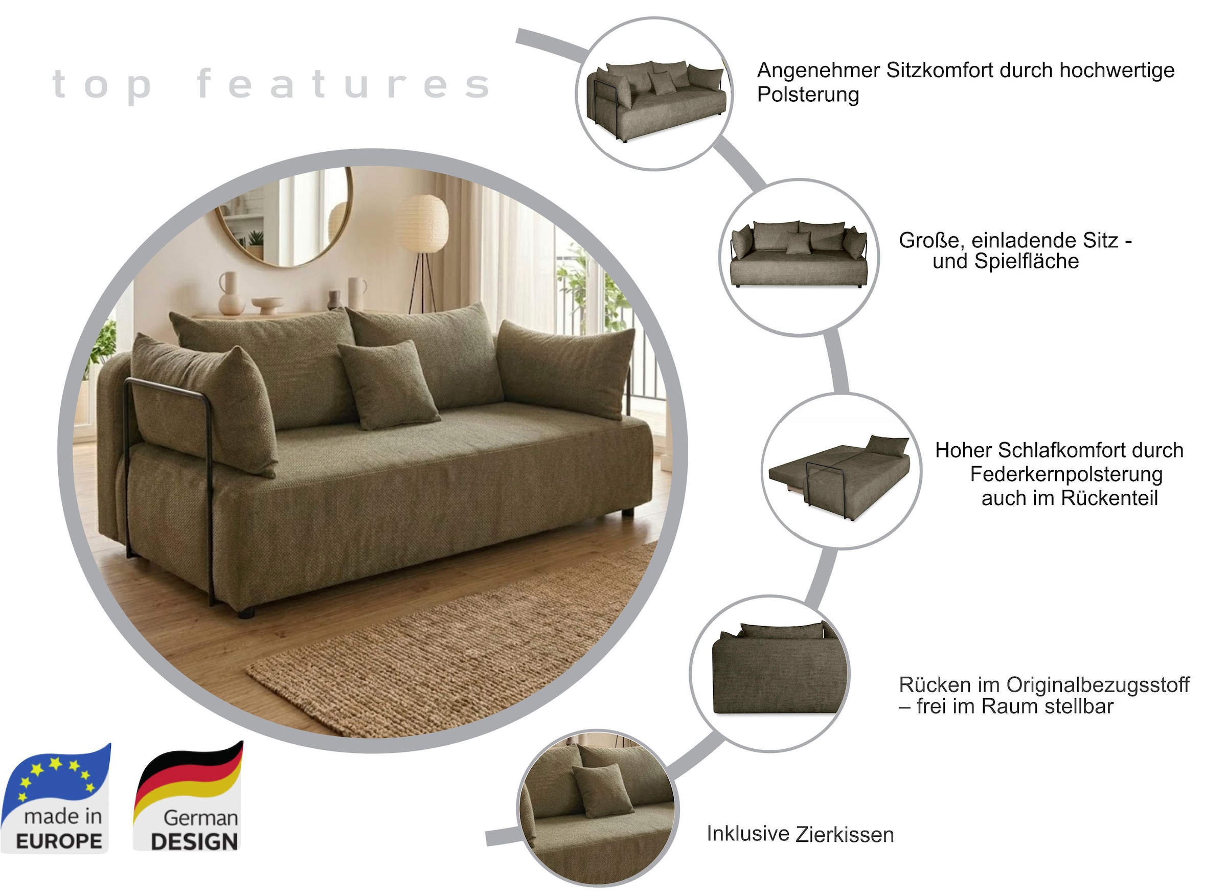 COLLECTION AB Schlafsofa »Maria« Bettfunktion,Bettkasten,Bonnelfederkern,Moderne Armlehnen aus Metall