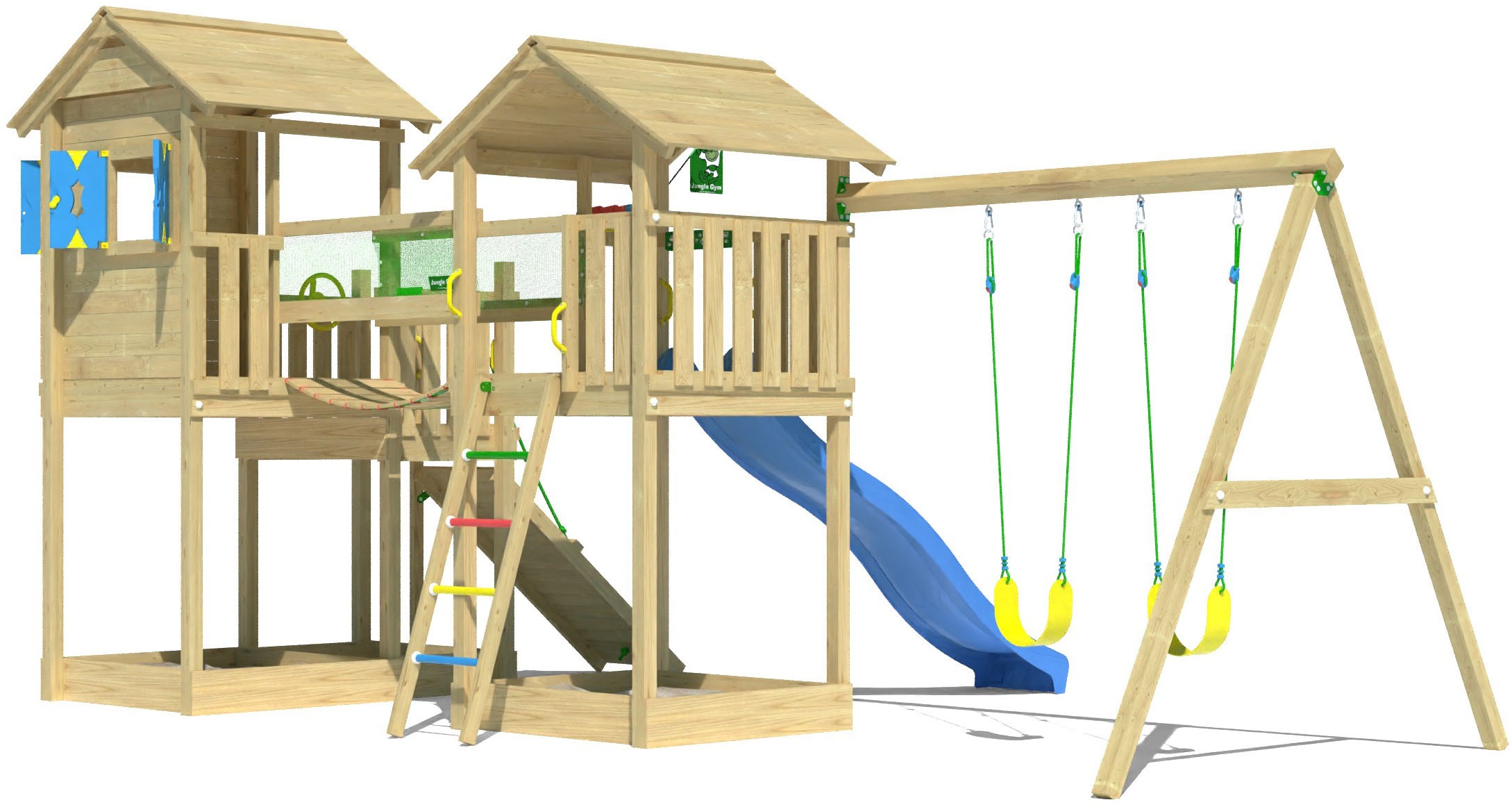 Jungle Gym Spielturm »Stronghold«, (Set), Spielanlage mit 2 Türmen, Schaukel und Rutsche mit Wasseranschluss