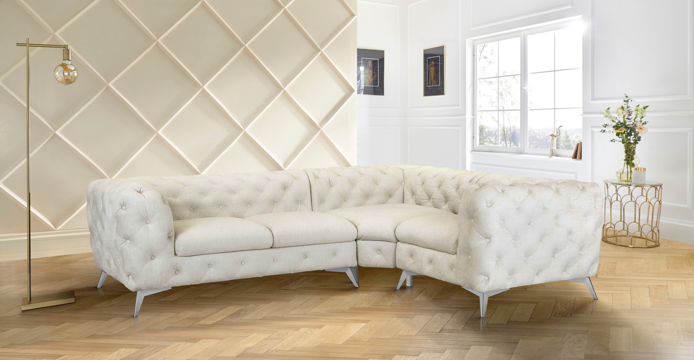 Leonique Chesterfield-Sofa »Ecksofa GLYNIS L-Form mit Wellenunterfederung, Maße B/T/H 264/204/75cm«, aufwändige Knopfheftung, moderne Chesterfield Optik, Fußfarbe wählbar