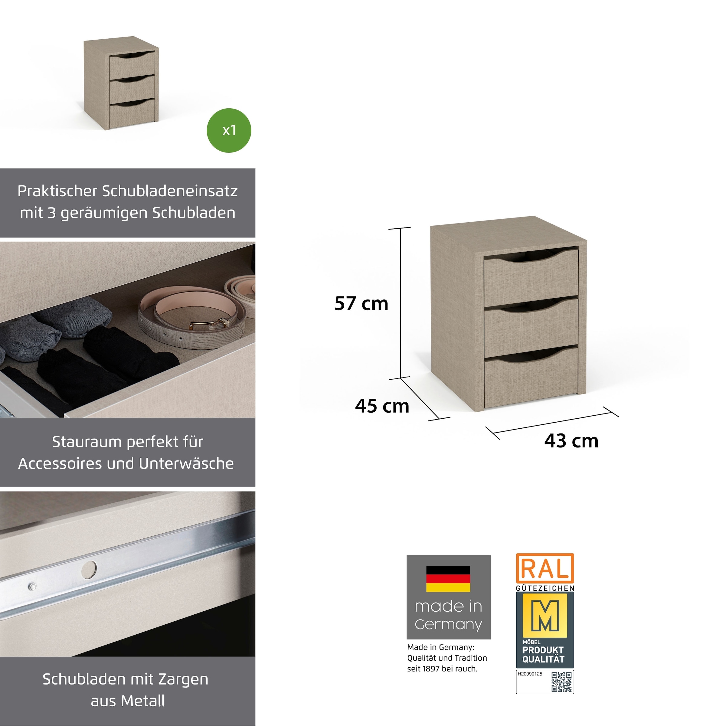 rauch Schubladeneinsatz »Zubehör für Rauch-Schränke ORANGE/BLUE« mit 3 Schubladen und Metallauszügen Breite 43 cm, Tiefe 45 cm