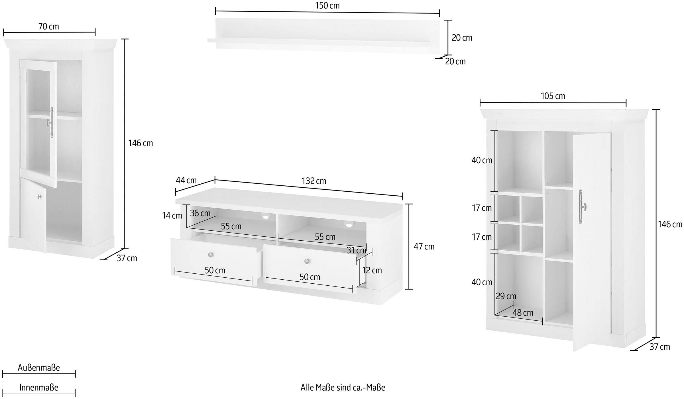 Home affaire Wohnwand »RAVENNA«, (4 St.), im romantischen Landhausstil, Griffe aus Metall, Softclose-Funktion