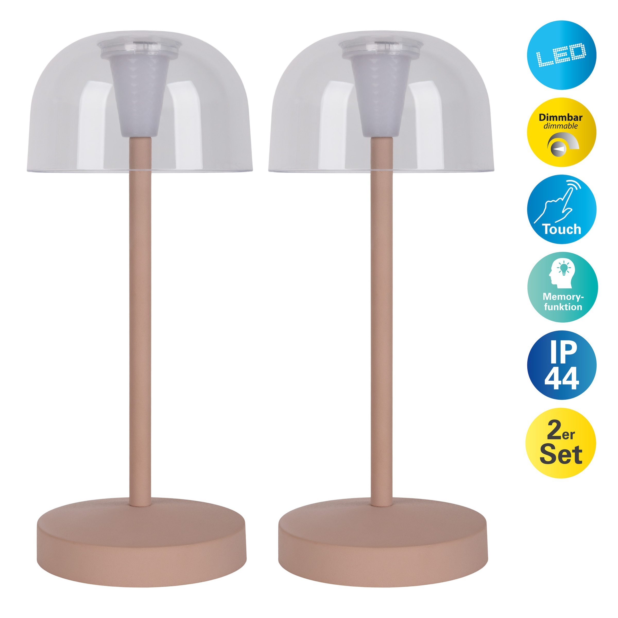 näve LED Tischleuchte »Gomba 18,5 cm«, 1 flammig, Leuchtmittel LED-Modul | LED fest integriert, 2er Set, aufladbar, USB Kabel, Memoryfunktion, stufenlos dimmbar