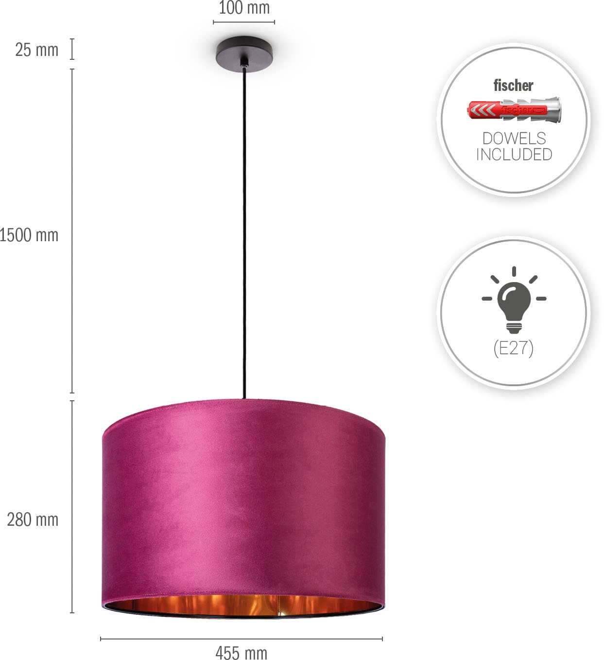 Paco Home Pendelleuchte »Hugo uni Color«, Leuchtmittel E27 | ohne Leuchtmittel, Wohnzimmer Lampenschirm aus Velour Unifarben Deko E27 Kabel 1,5m