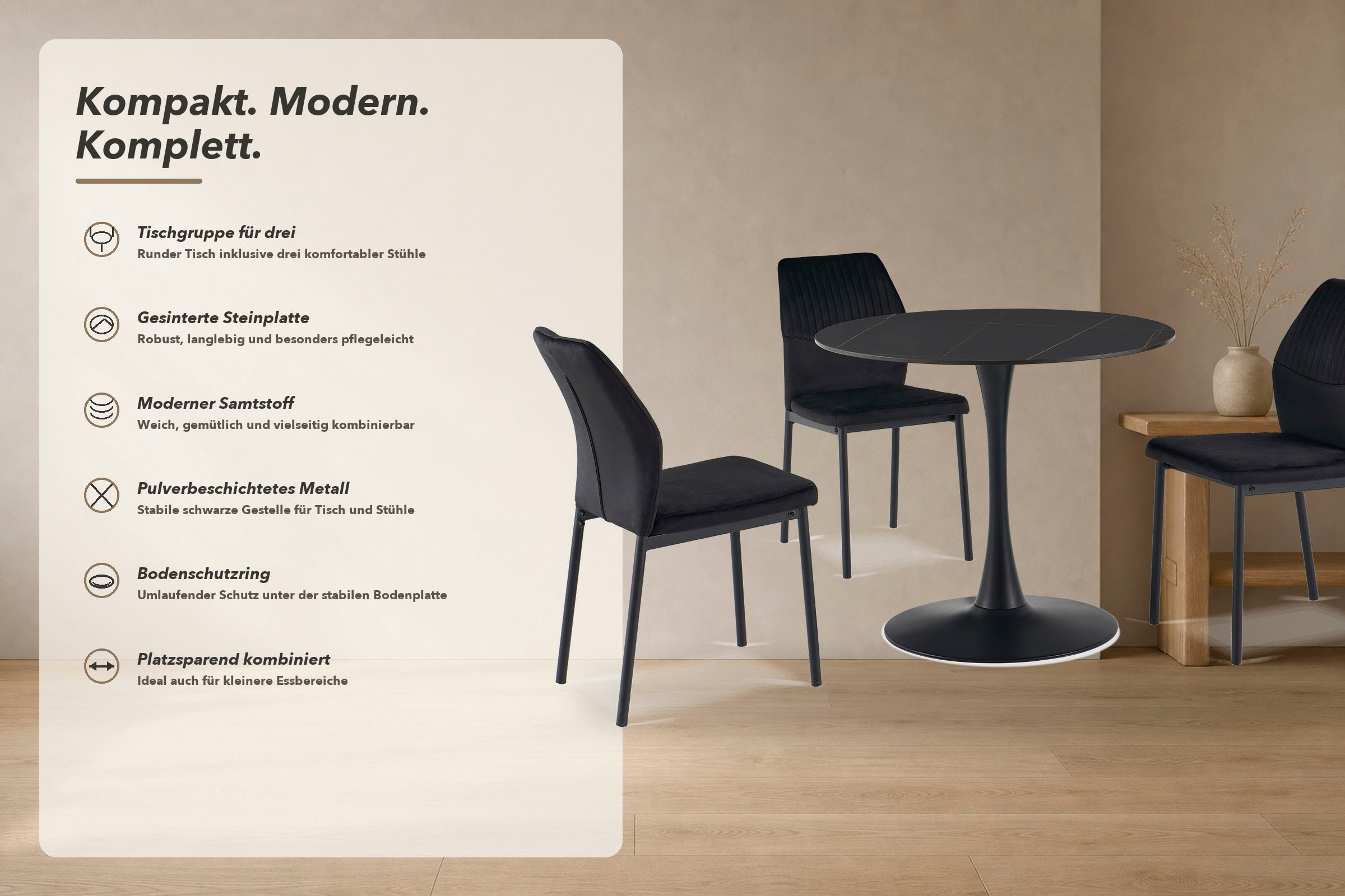 OTTO home Essgruppe »Freya« Set, 4 tlg. runder Esstisch 90 cm in Sinterstein, Black Copper mit 3 Samtstühlen