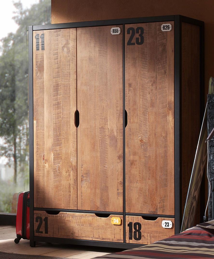 Vipack Drehtürenschrank »Alex, Fronten massiv Kiefer in Hobel-Optik, Dekor Ziffern«, (H/T ca. x200x55cm, Rahmen schwarz, wahlweise 2 Breiten), aus teilmassiver Kiefer und MDF in 2 Breiten