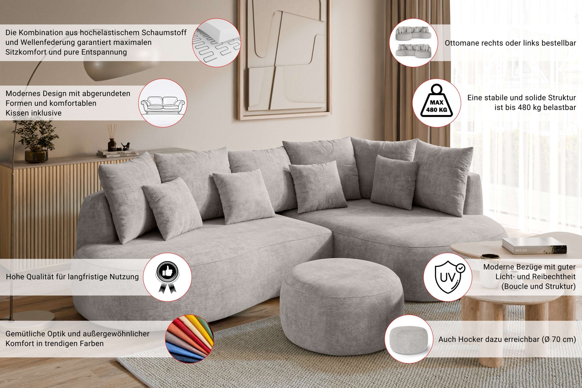homsy by Ana Johnson Polsterhocker »PEBBLA Rundhocker, modernes Design, Bezug- Boucle oder Struktur« Durchmesser 70 cm, passend zum Sofa der Serie