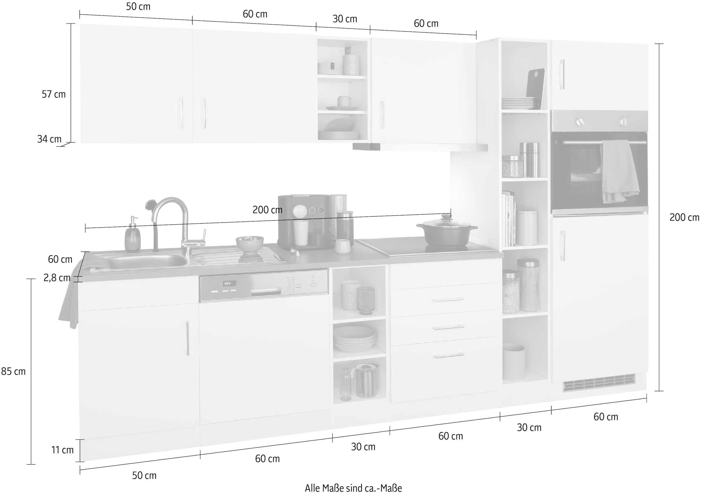 HELD MÖBEL Küchenzeile »Paris«, mit E-Geräten, Breite 290 cm, wahlweise mit Induktionskochfeld
