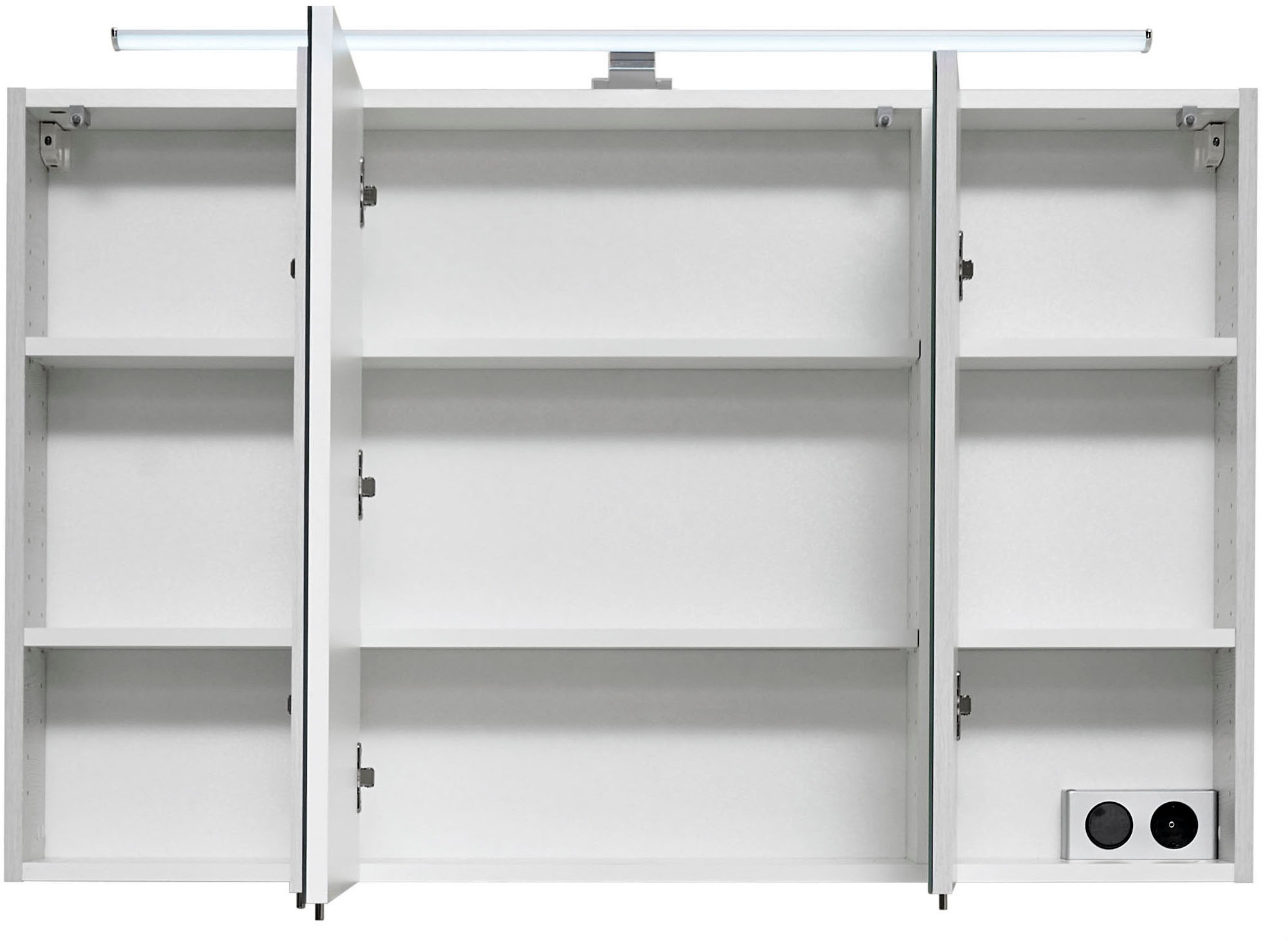 Saphir Badmöbel-Set »Quickset 936 4-teilig, Mineralmarmor-Waschtisch und LED-Spiegelschrank«, (Set, 4 St.), 2 Hochschränke, Eiche Weiß quer Nachbildung, inkl. Türdämpfer, 9 Türen