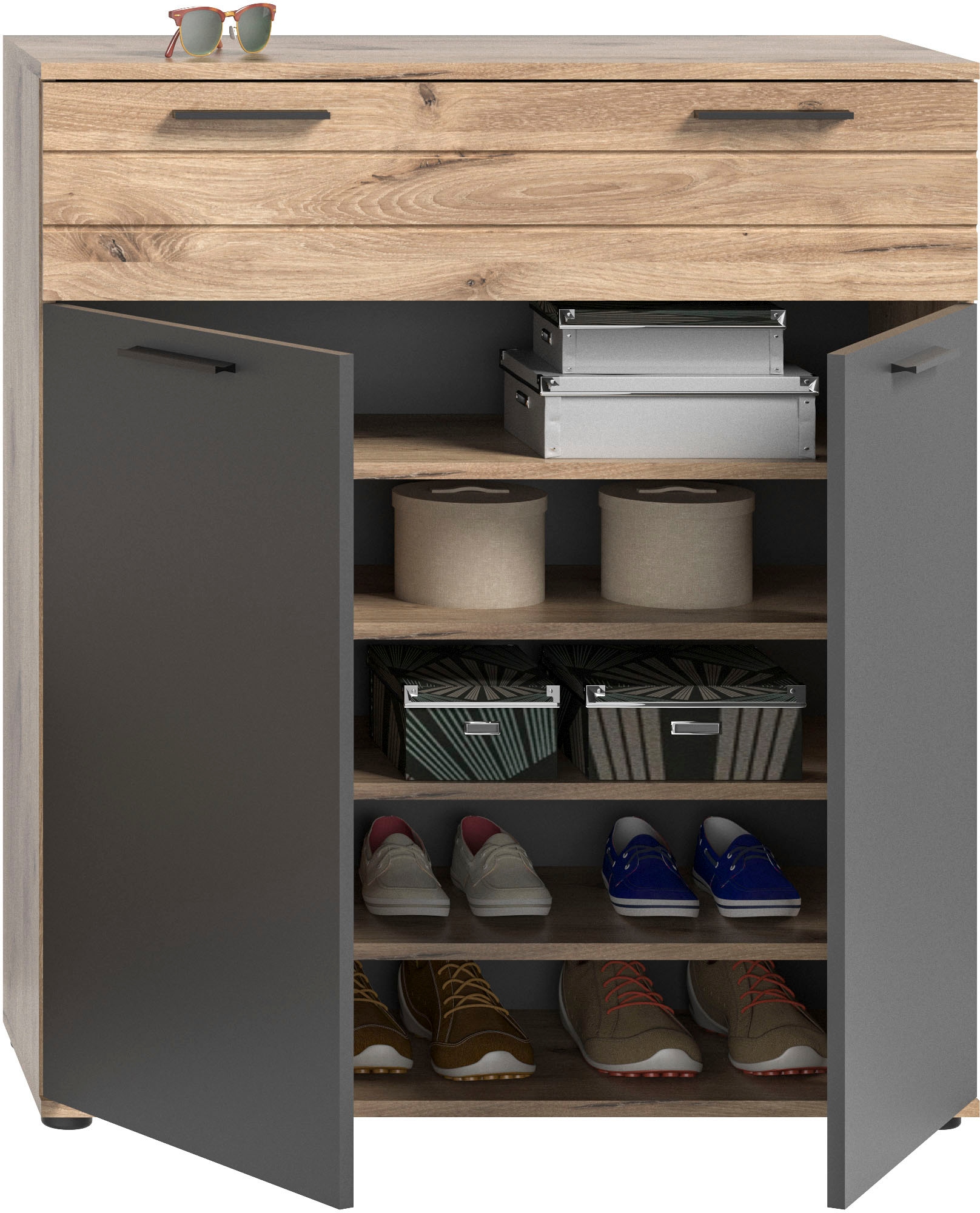 INOSIGN Garderoben-Set »Riga, Breite 195 cm, hochwertige Rillenfräsung, 4-teilig, best. aus:«, (Set, 4 St.), Sitzbank, Paneel, Garderobenspiegel, Schuhkommode