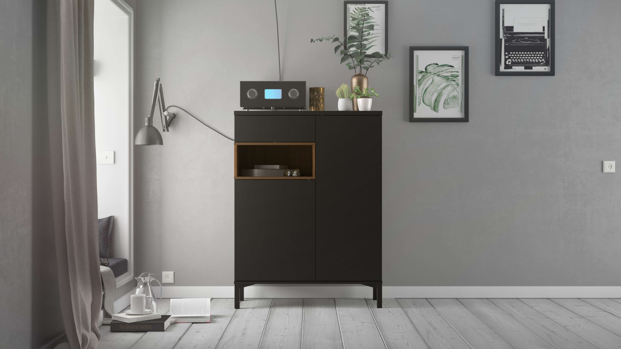 INOSIGN Highboard »Roommers, Anrichte, Stauraum, Sideboard«, Kommode, Höhe 118 cm, Breite 88,7 cm, 1 offenes Fach mit Rahmen-Optik