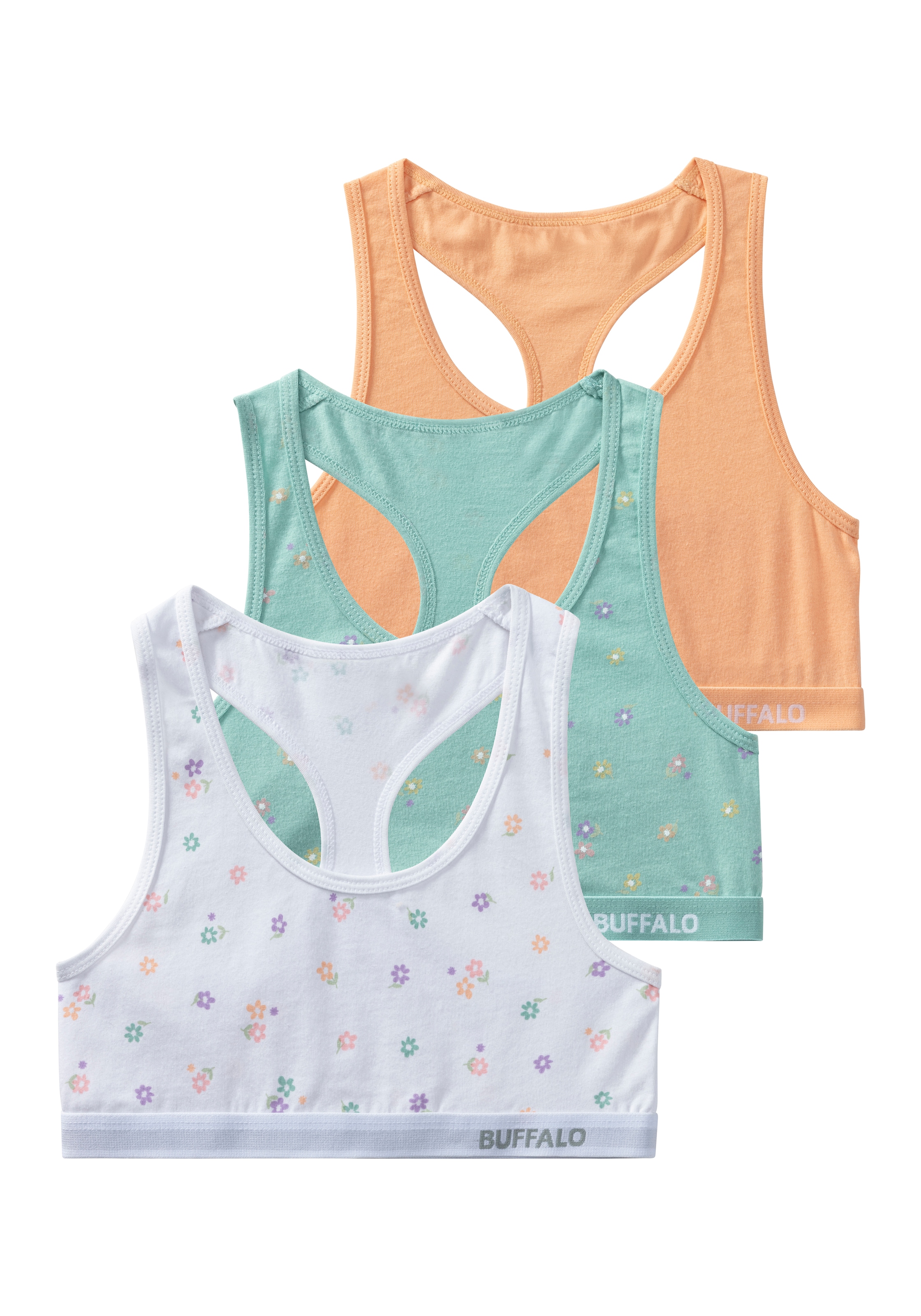 BUFFALO Bustier Packung, 3 Stk. tlg., Uni und Blümchen-Print in einer Packung weiß / apricot / mint 158/164 - N-Gr N-Gr 158/164 Buffalo Bustier im...