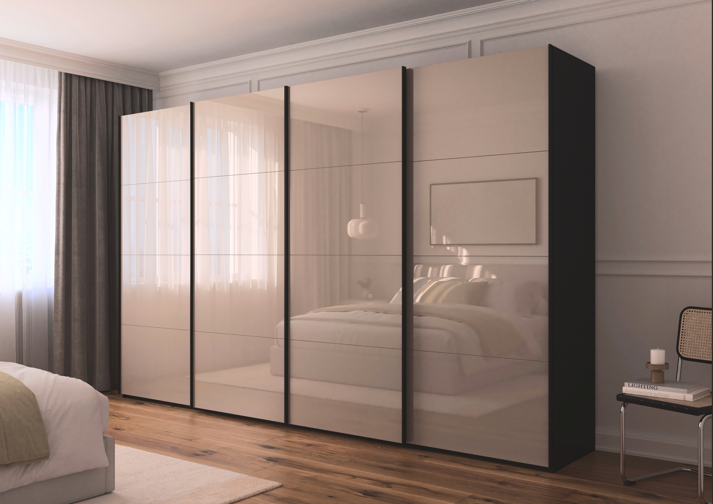 rauch Schwebetürenschrank »Kleiderschrank Schrank Garderobe Schlafzimmerschrank SCALE-FYRA«, edle viergeteilte Türen mit Glas-Front viele Farben MADE IN GERMANY