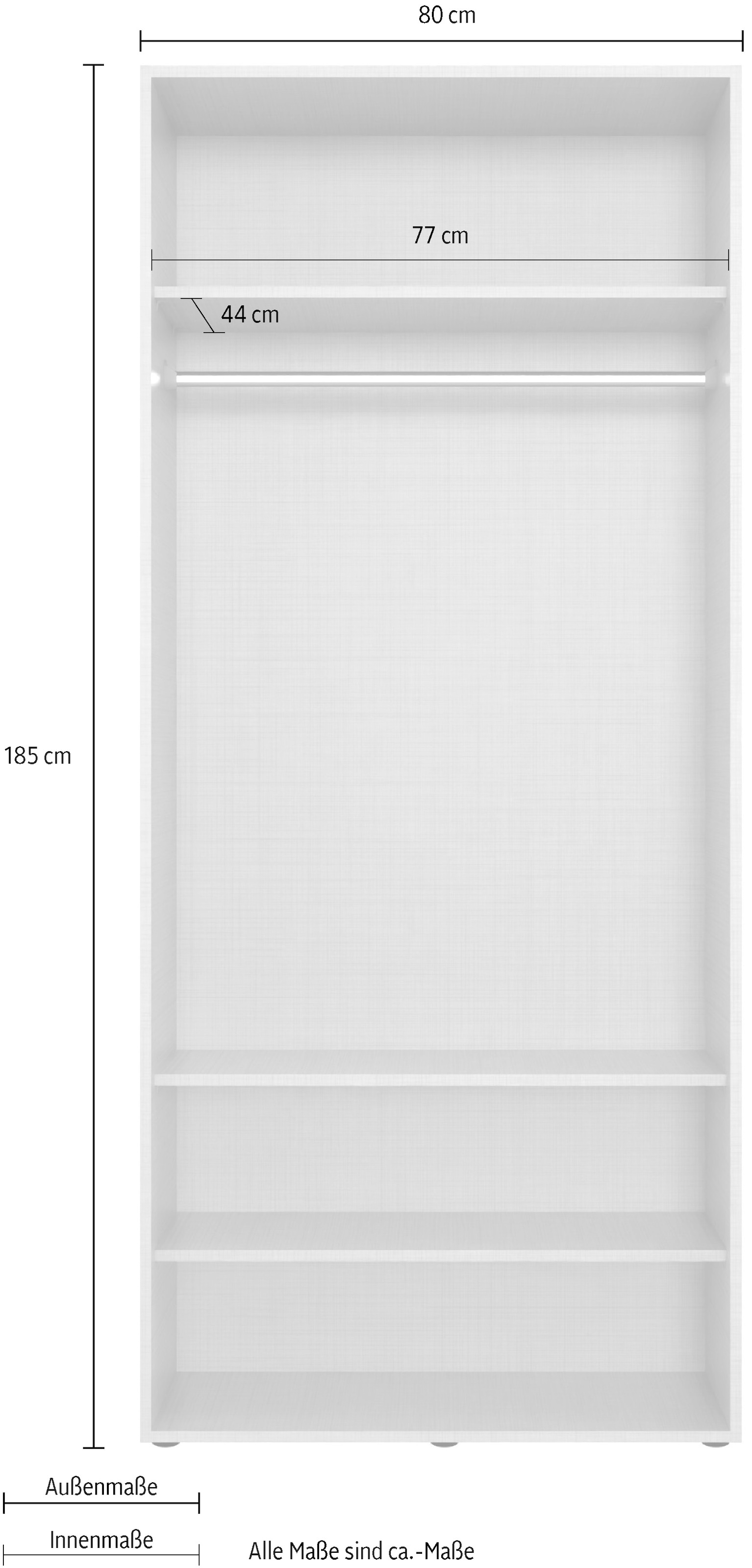 Wimex Kleiderschrank »Mugano, in 5 Breiten und 2 Höhen, Made in Germany«, (in Basic oder Premium Ausstattung mit 2 weiteren Einlegeböden), mit langen Griffstangen aus Metall, wahlweise mit oder ohne Spiegel