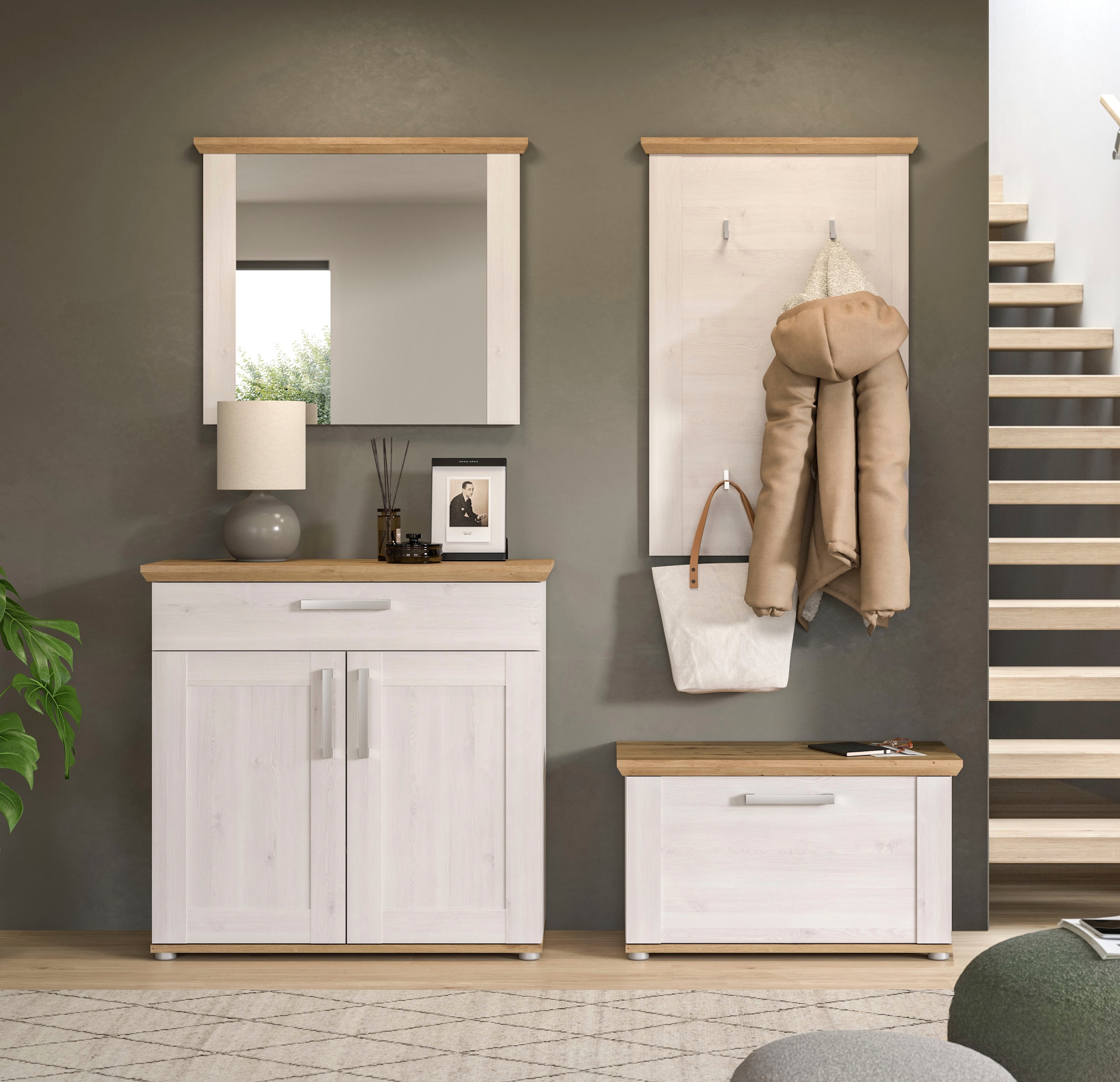 Home affaire Garderoben-Set »Cosenza, Breite ca. 190 cm, 2-farbig, 4-teilig, bestehend aus:«, (4 St.), Sitzbank, Garderobenpaneel, Schuhschrank, Spiegel, in Landhausoptik