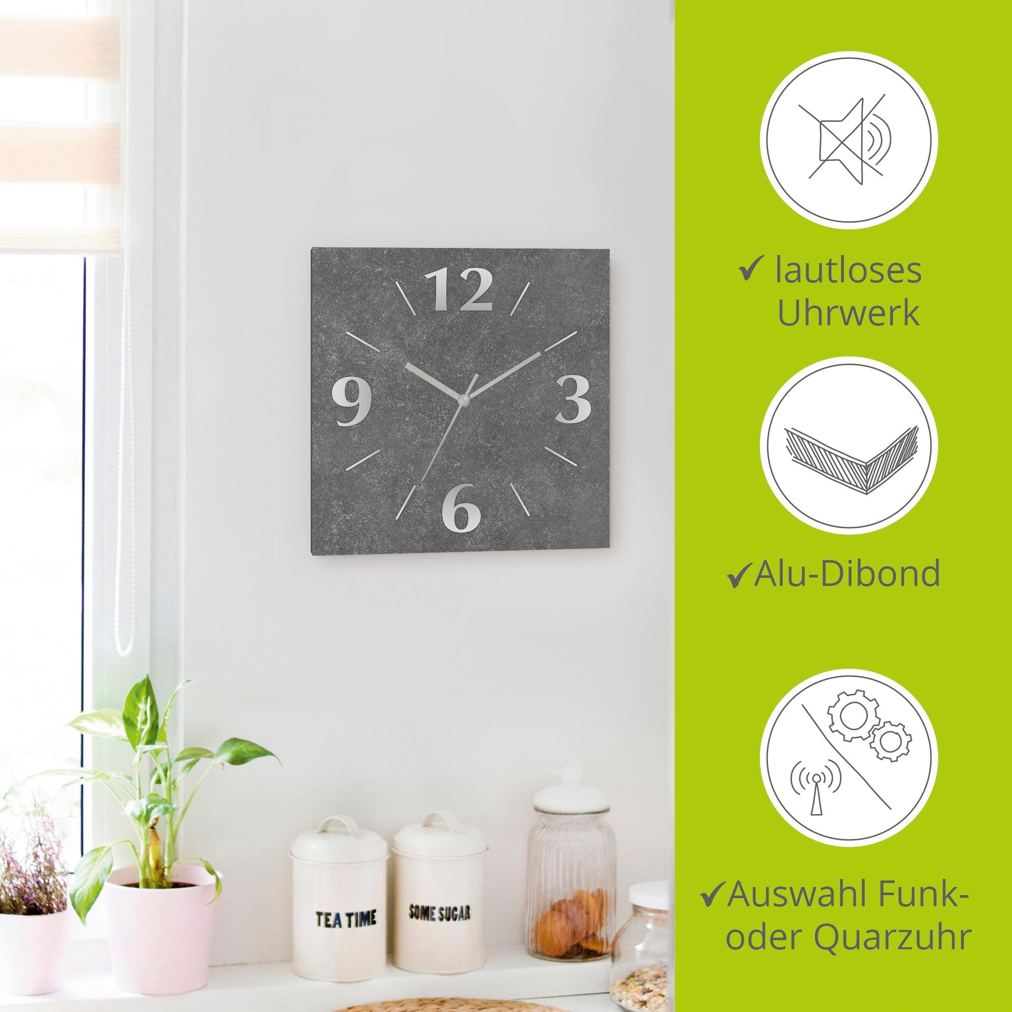 Artland Wanduhr »Granit-Gestein-Anthrazit« wahlweise mit  Quarz- oder Funkuhrwerk, lautlos ohne Tickgeräusche