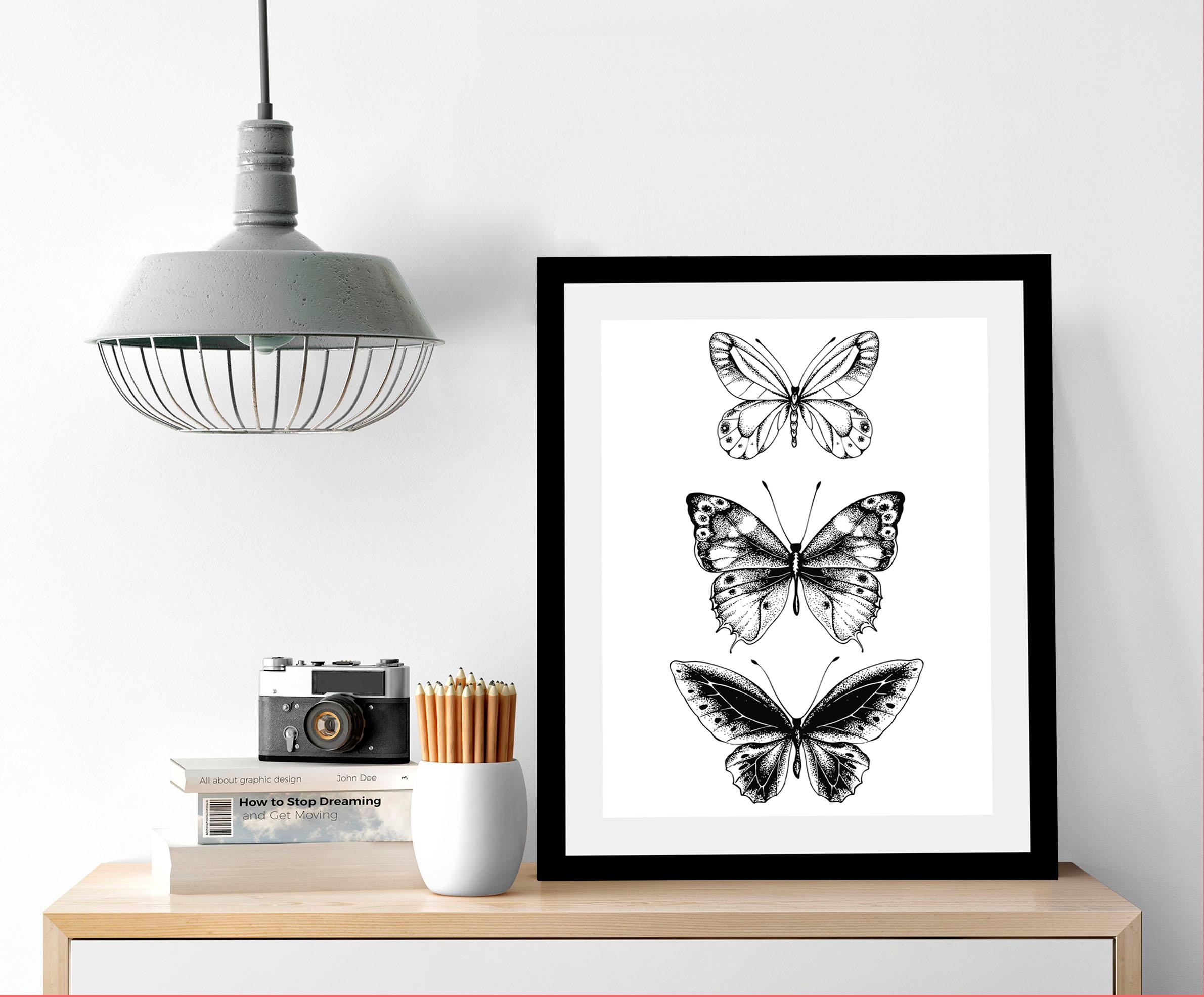 queence Bild »Schmetterlinge«, Tiere-Schwarz-Weiß-Kunst-Insekten-Schmetterl günstig online kaufen
