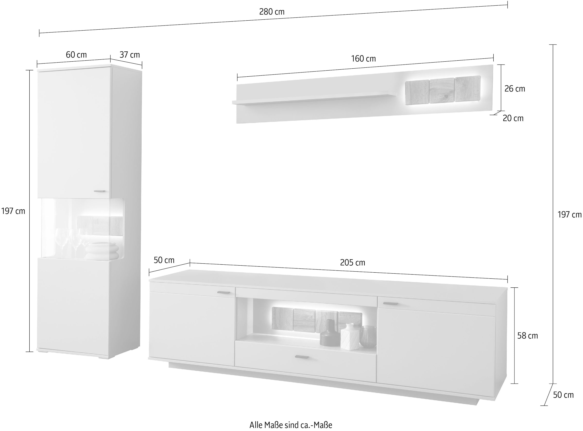Raten bestellen moderne auf mit St.), (3 Wohnwand furniture wahlweise Grau, in Arktis »Zadar«, MCA Wohnwandkombination Beleuchtung