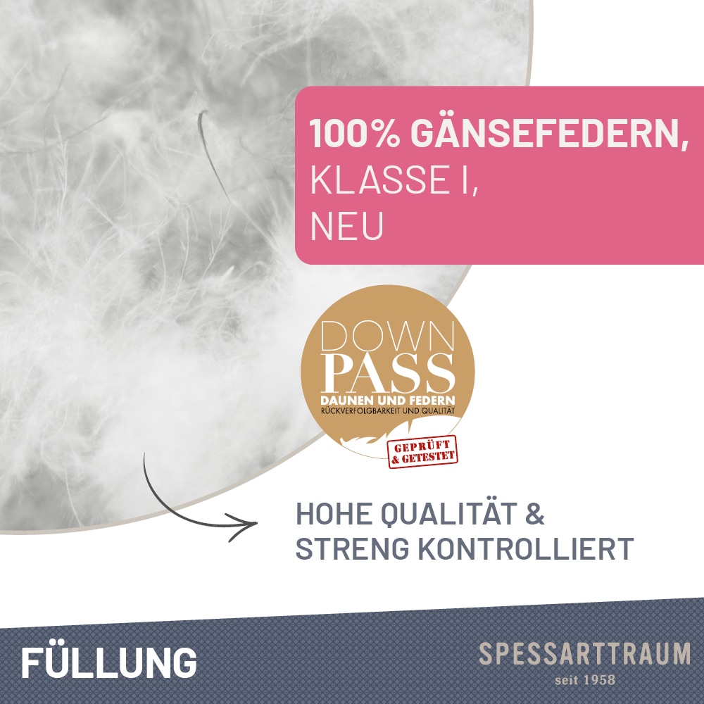 SPESSARTTRAUM Gänsefederkopfkissen »Premium«, Füllung: 100% Gänsefedern, Klasse 1, Downpass zertifiziert, Bezug: 100% Baumwolle, Made in Green, Hausstauballergiker geeignet, (2 St.), gute Stützkraft, Seitenschläfer & Rückenschläfer
