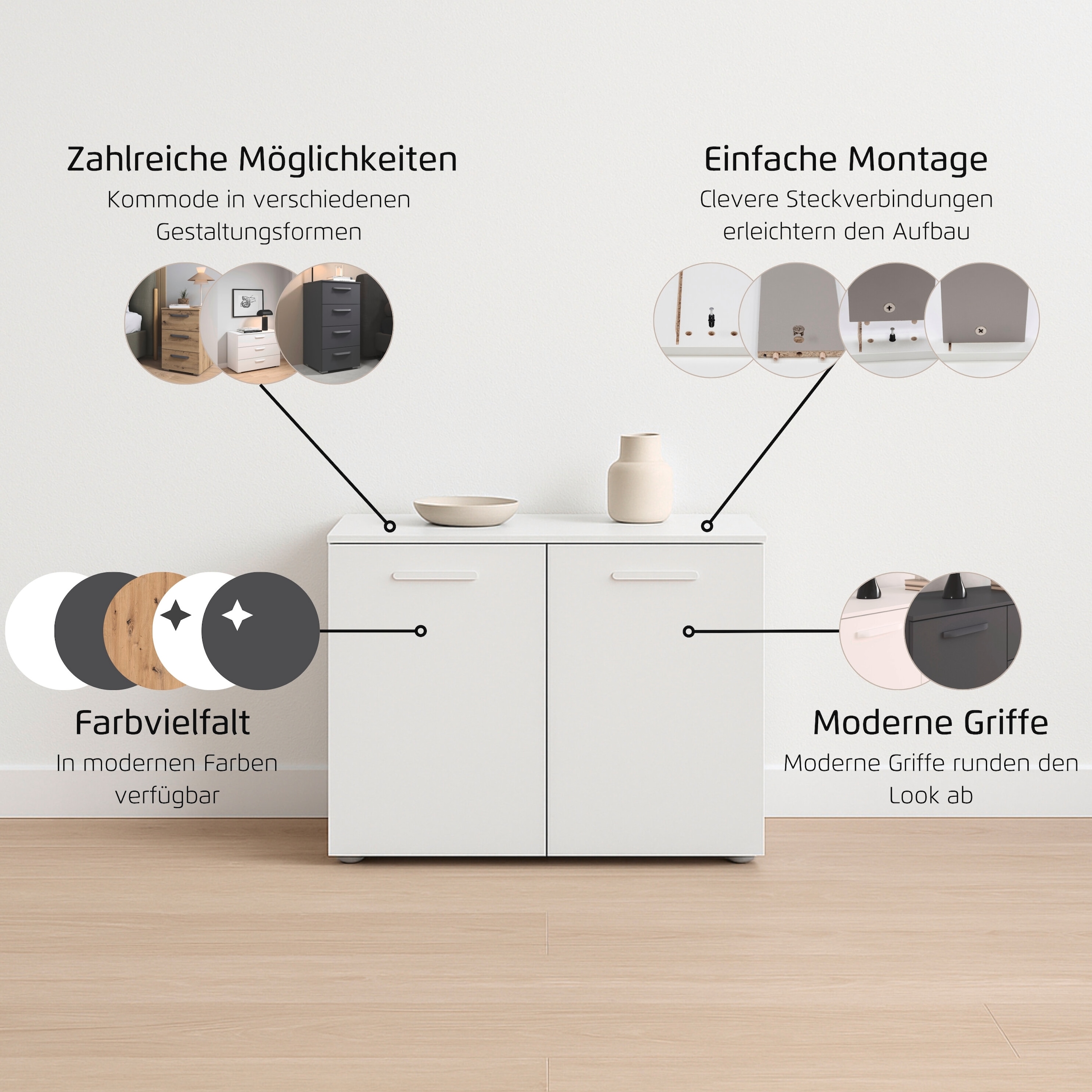 rauch Sideboard »Türkommode Kommode Lowboard OTELI mit Dekor- und Hochglanzfront« Breite 80 cm inkl. Soft-Close-Funktion,  mit 2 Türen, Einlegeboden variabel einsetzbar MADE IN GERMANY