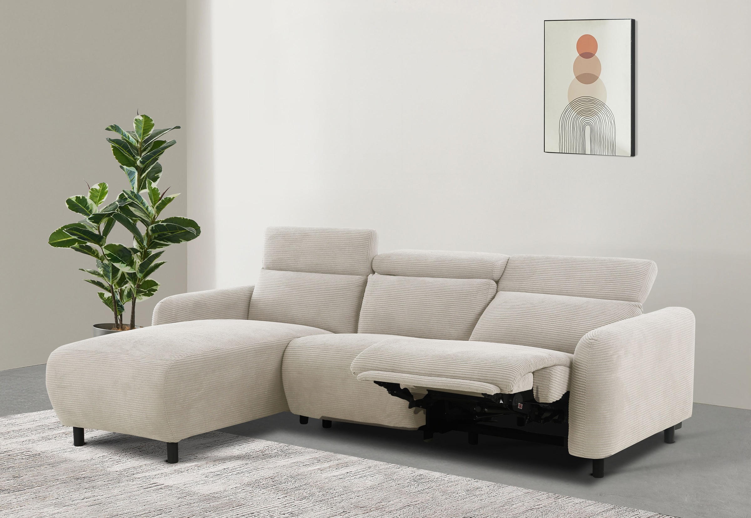 Home affaire Ecksofa »SKAANE in Cord, L-Form, 274 cm, manuelle u. elektrische Funktion,«, rundes Design, Kopfteilverstellung, Federkernpolsterung