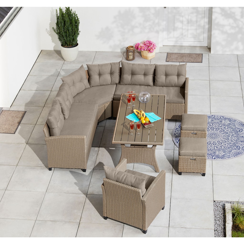 KONIFERA Gartenlounge-Set »Keros Premium«, (Set, 20 tlg., 2x 2er Sofa, 1x Ecke, 1x Sessel, 2x Hocker, 1x Tisch 145x75x67,5cm), Ecklounge, Polyrattan, Stahl, geeignet für 8 Personen, inkl. Auflagen