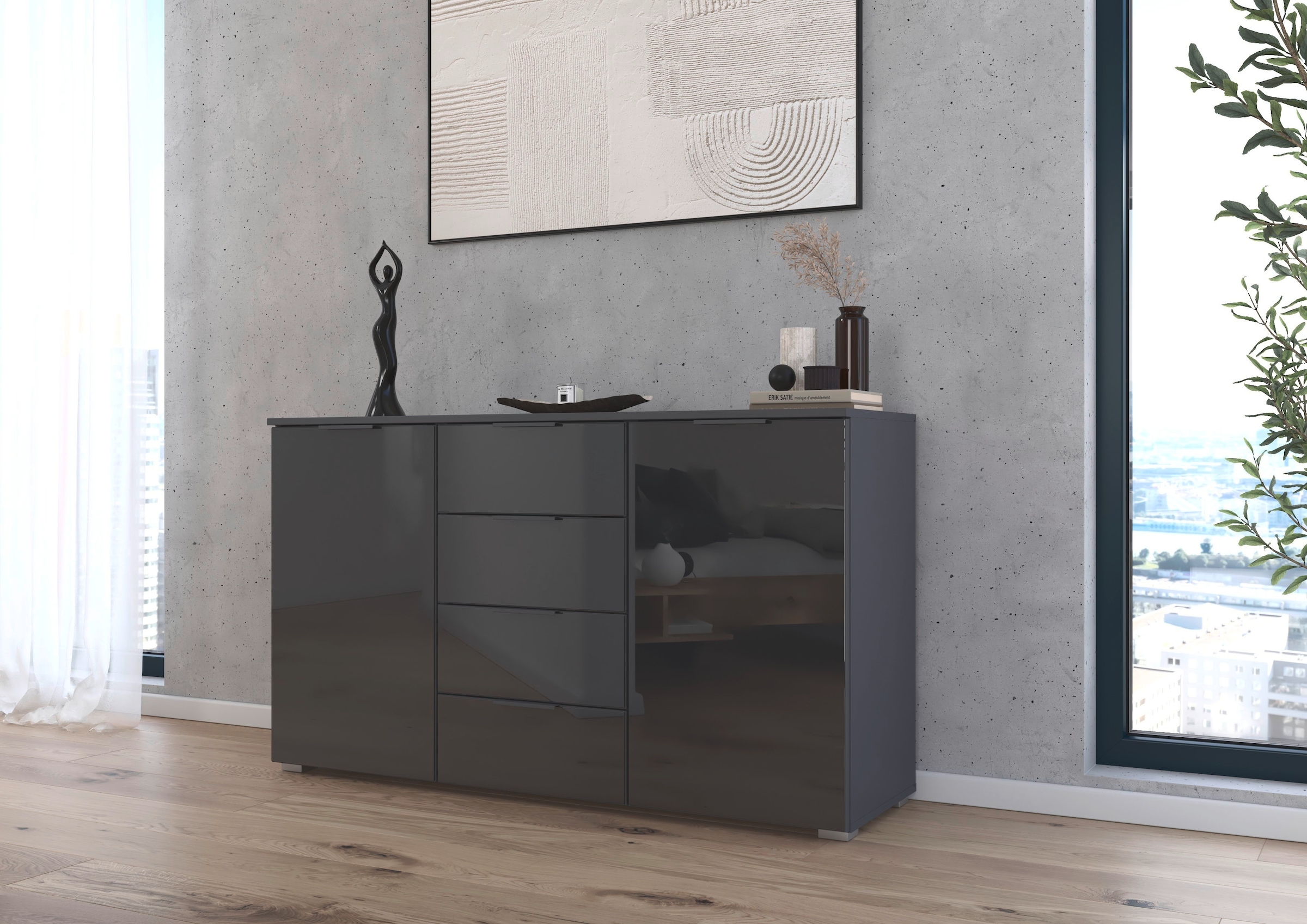 rauch Kombikommode »Sideboard Kombikommode Schubladenkommode AGORDO mit Glasfront«, (in zwei Griff-Farben, Breite 120 cm), vier große Schubladen, mit insgesamt 4 Einlegeböden MADE IN GERMANY