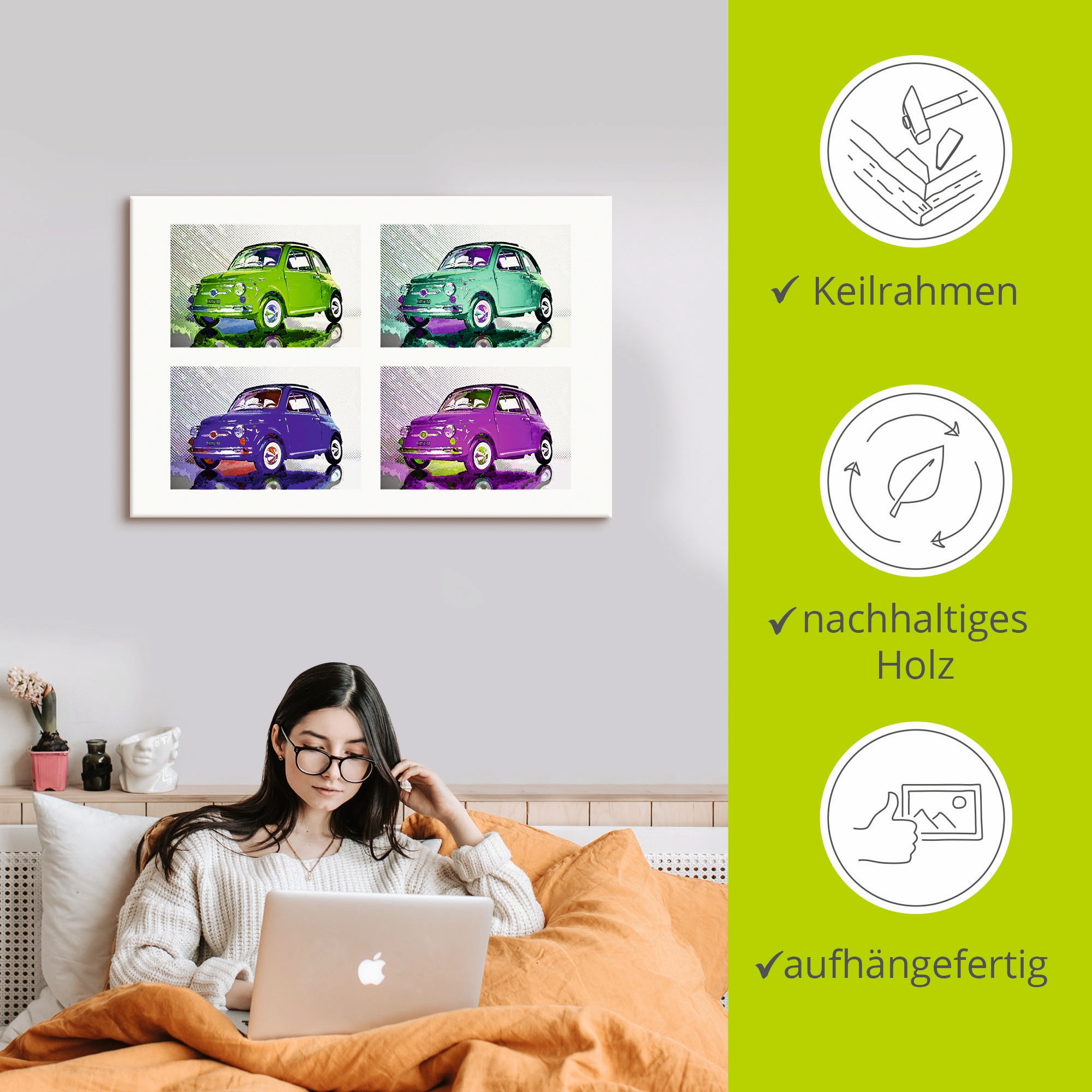 Artland Leinwandbild »POP ART Der kleine italienische Freund«, Auto, (1 St.), auf Keilrahmen gespannt