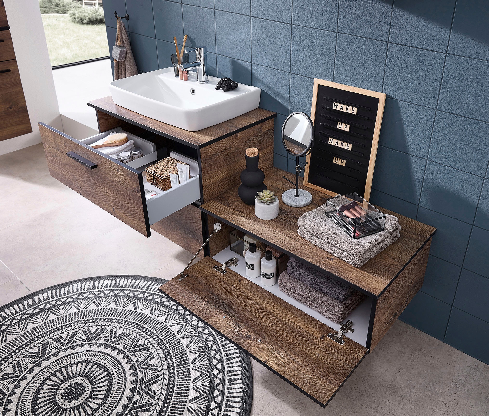 Saphir Badmöbel-Set »Quickset 374 Keramik-Aufsatzwaschtisch mit Unterschrank, 73 cm breit«, (3 St.), Waschplatz mit 2 Schubladen, Eiche Ribbeck quer Nachbildung
