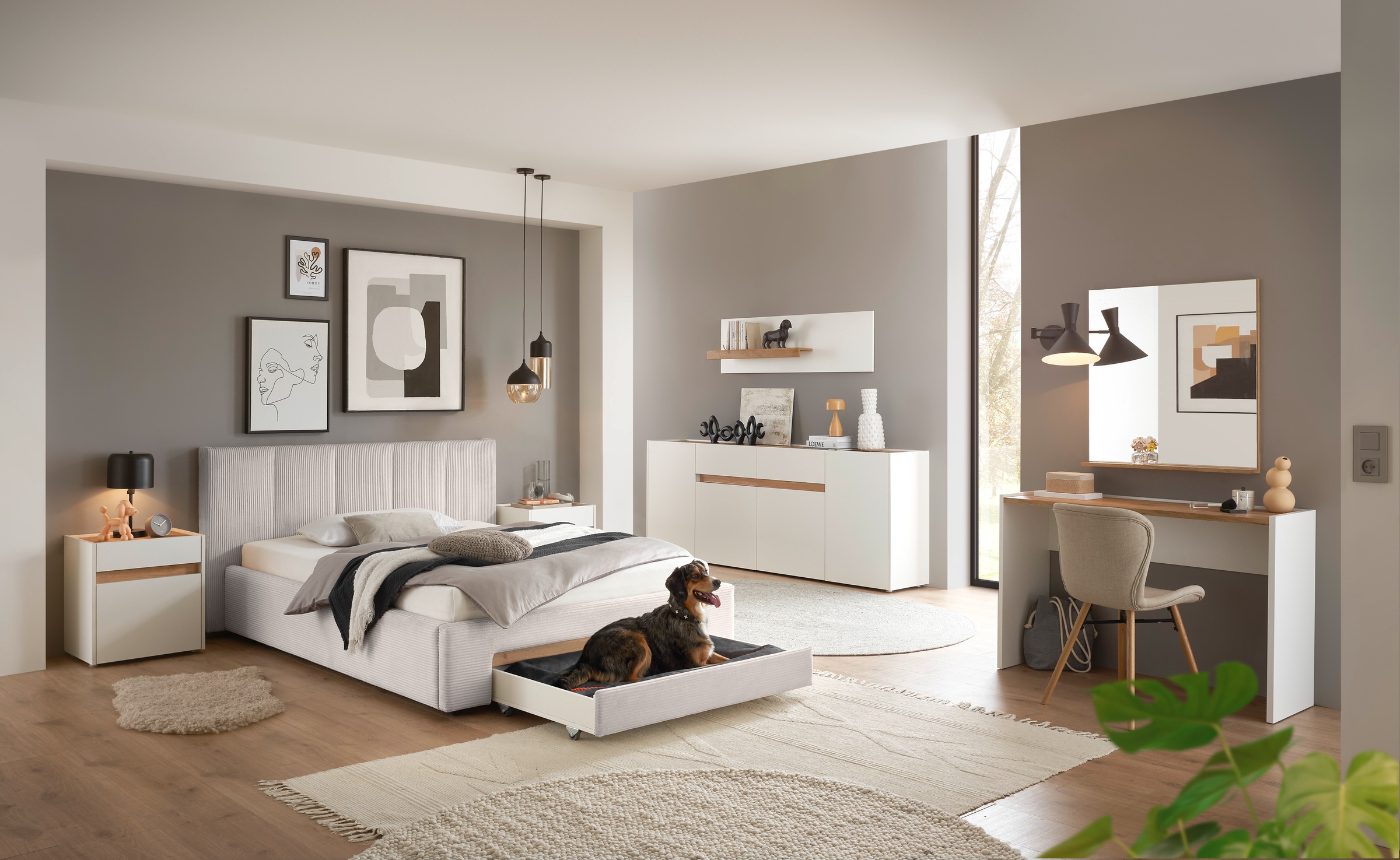 INOSIGN Polsterbett »CiTY/GiRON, Bettgestell mit Bettkasten, gepolstertes Stauraumbett«, mit Hundebett oder Stauraumschublade, Bezug Cord-oder Leinenoptik