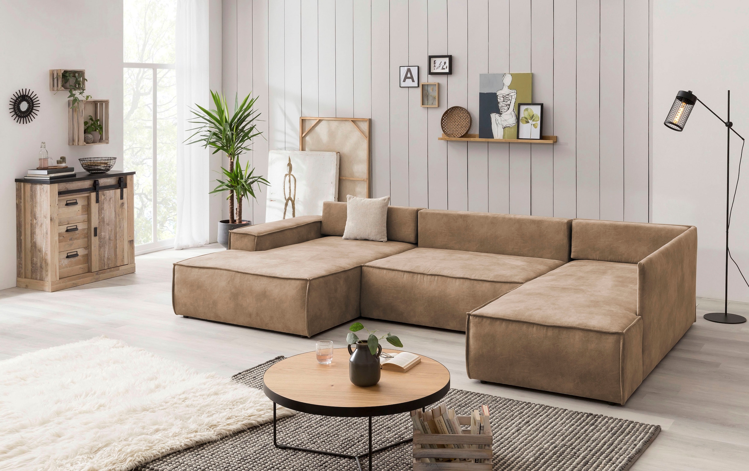 Home affaire Wohnlandschaft »SHERWOOD 329 cm, U-Form, Schlafsofa,«, Schlaffunktion m. Bettkasten (194x139 cm), Cord, Vintage, Samtvelours
