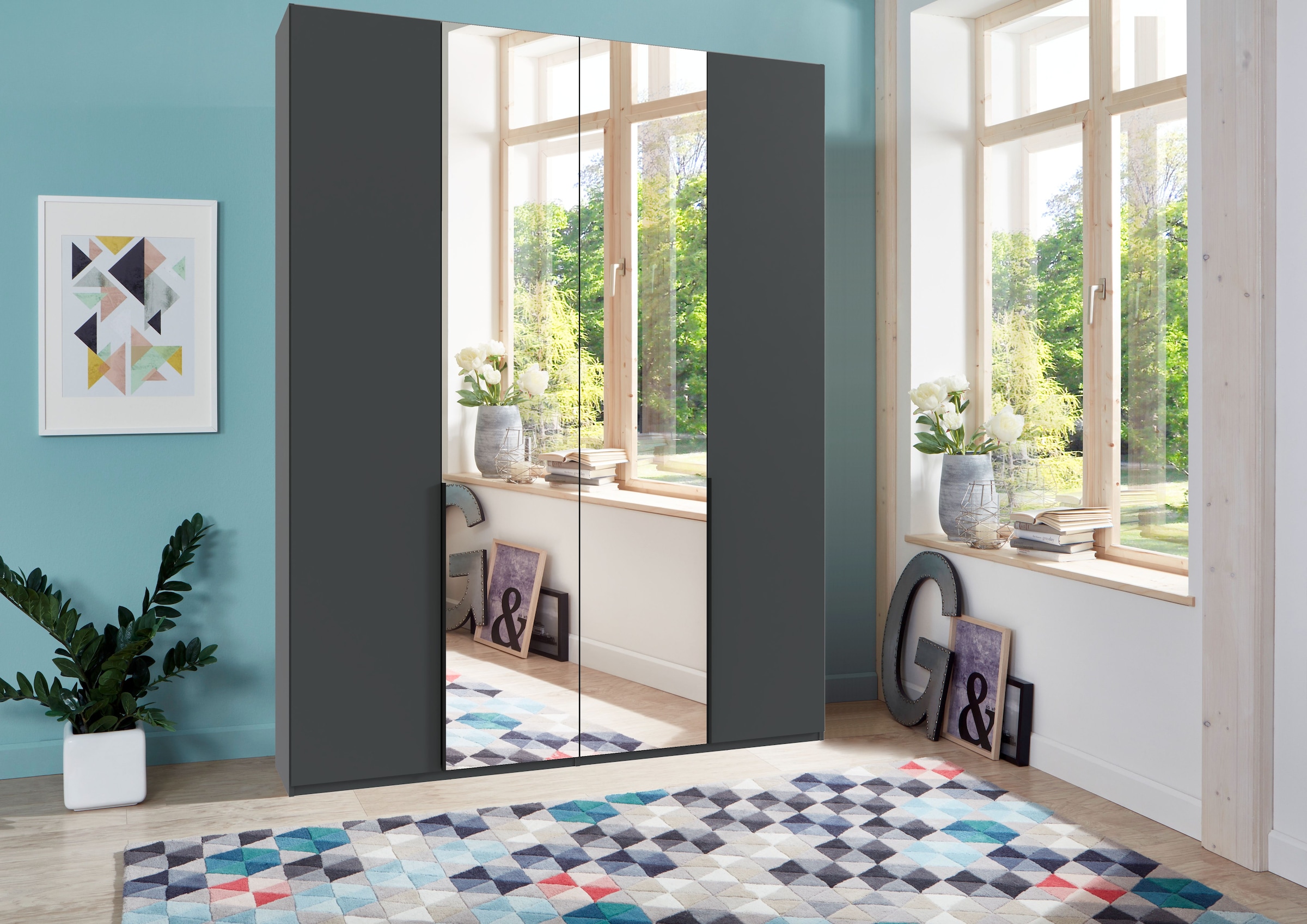 Wimex Kleiderschrank »Mugano, in 5 Breiten und 2 Höhen, Made in Germany«, (in Basic oder Premium Ausstattung mit 2 weiteren Einlegeböden), mit langen Griffstangen aus Metall, wahlweise mit oder ohne Spiegel
