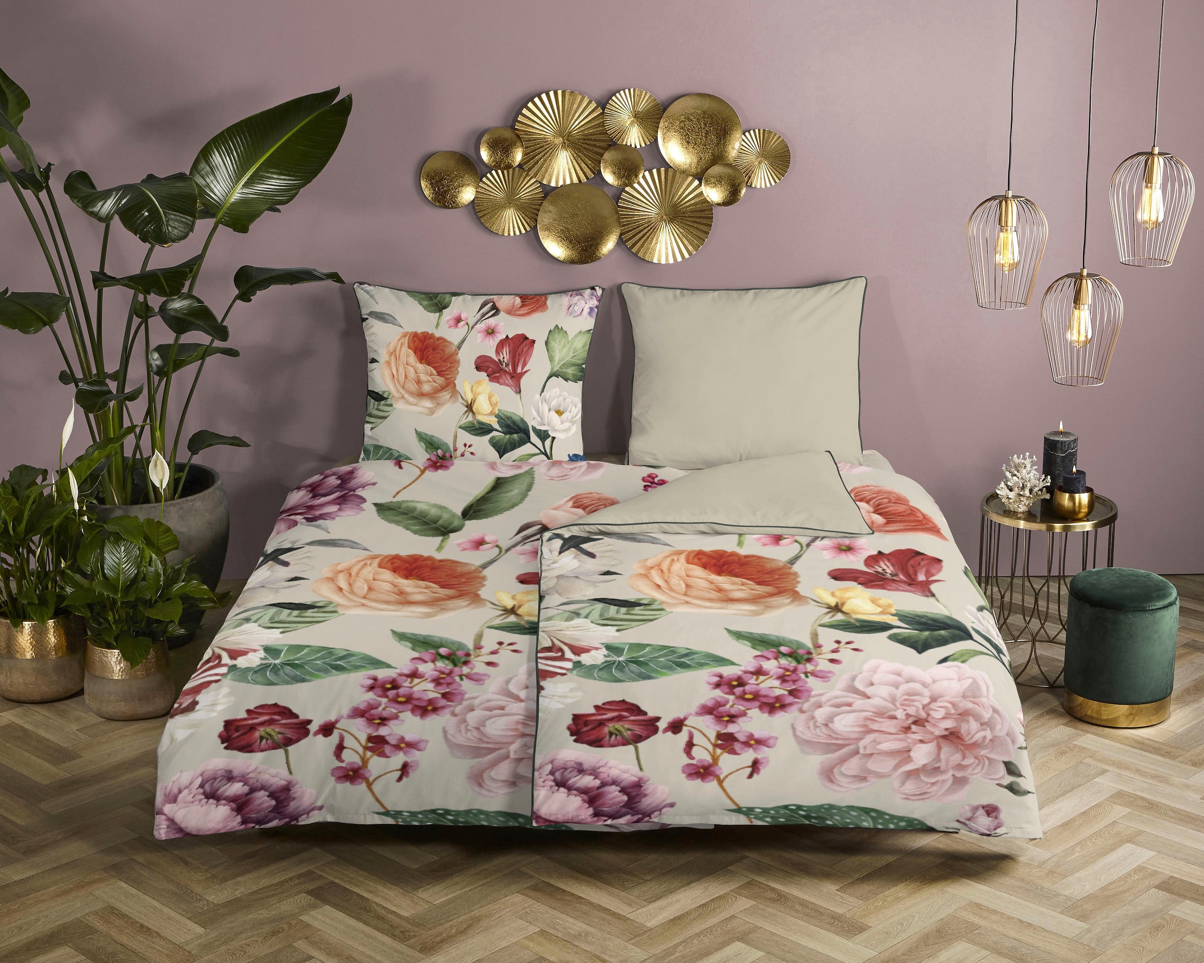 Descanso Wendebettwäsche »Fiori«, Baumwolle, Satin, 135x200, Biese, Reißver günstig online kaufen