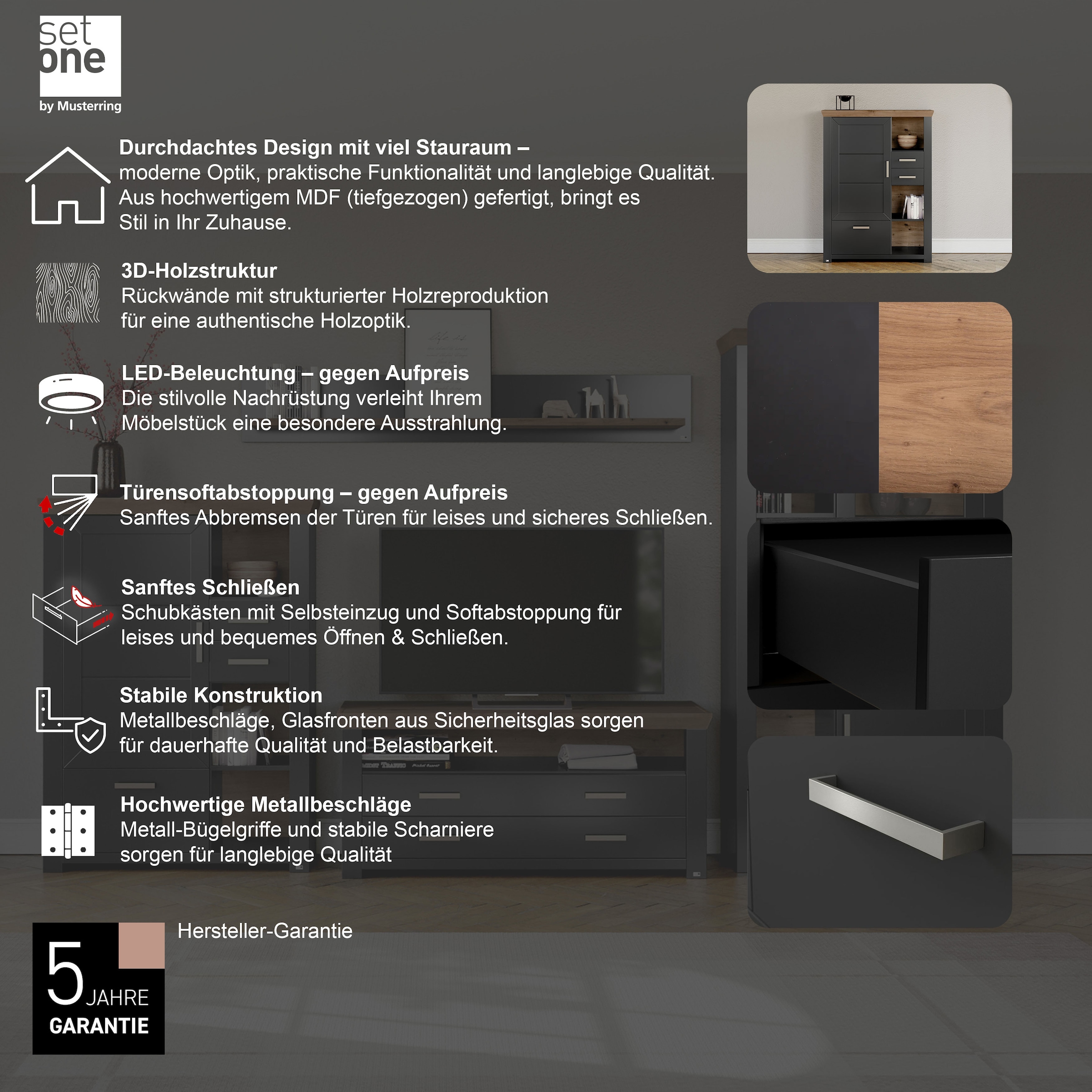 set one by Musterring Highboard »York«, Typ 25 und 26, in 3 Farbvarianten, Beleuchtung optional, Breite 105 cm